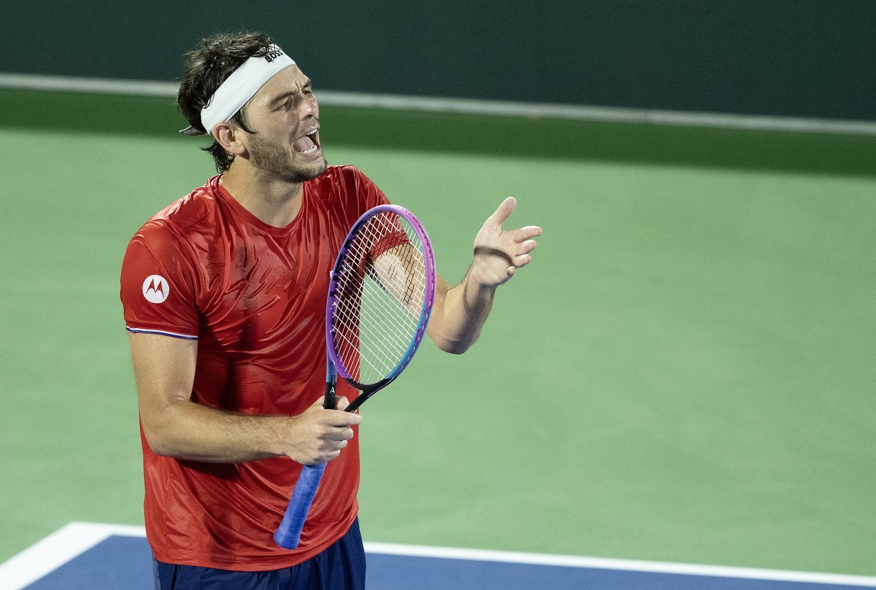 Taylor Fritz of the United States reacts against Jiri Lehecka of Czechia in their Davis Cup match at Delray Beach Tennis Center.