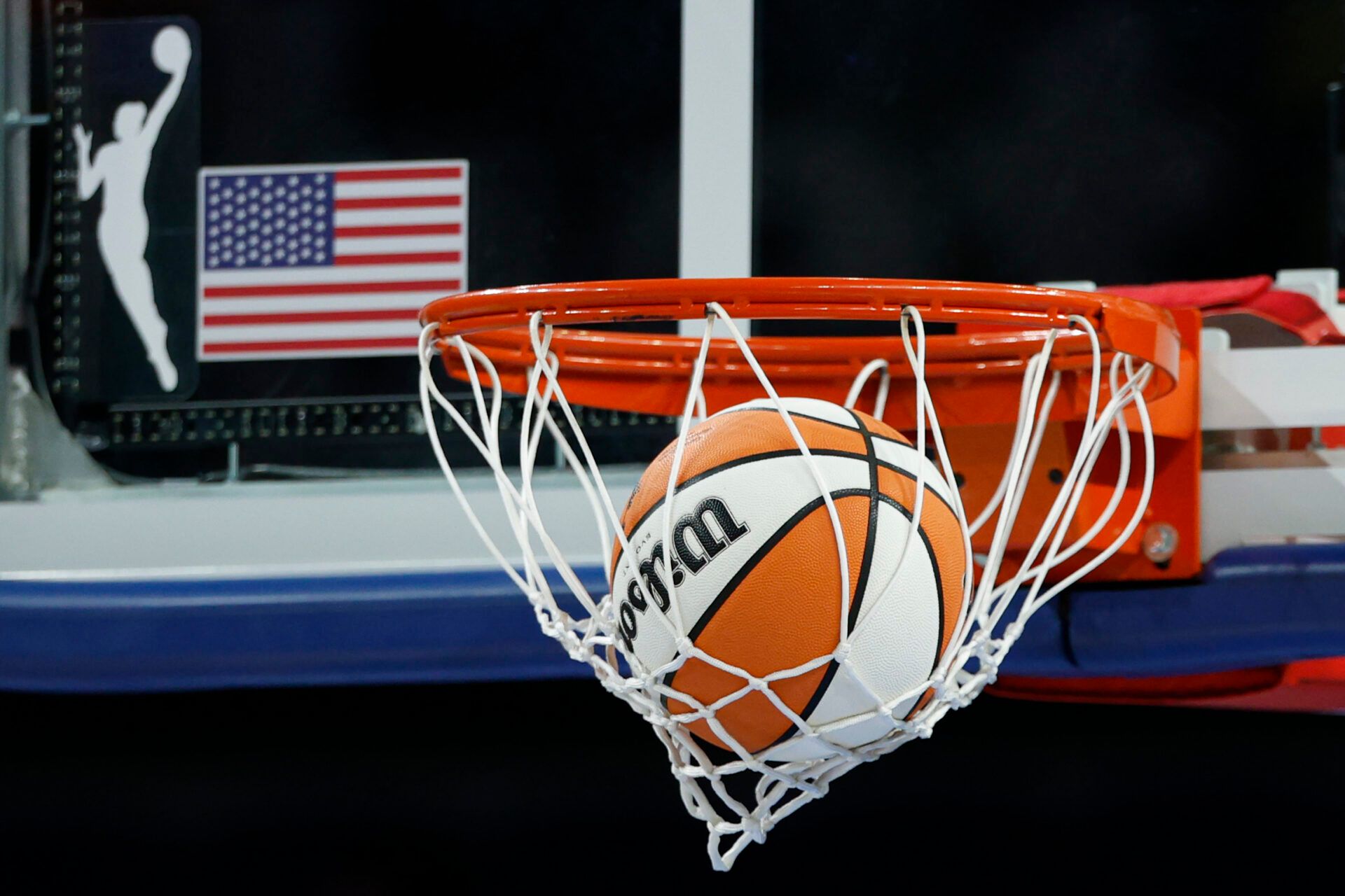 Wilson basketball is seen next to WNBA logo before a game between the Chicago Sky and Phoenix Mercury at Wintrust Arena.