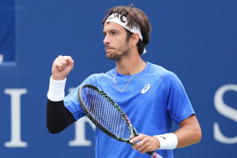 Lorenzo Musetti (ITA) reacts after winning a point against Alex Michelsen (not pictured) during the third round at Sobeys Stadium.