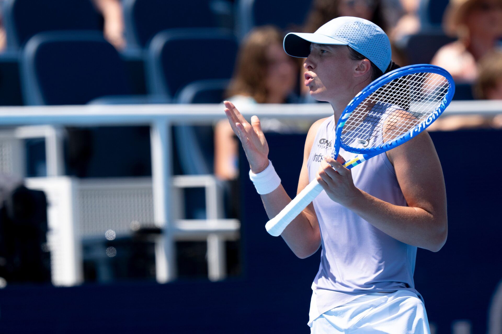 Iga Świątek, of Poland, reacts after losing a point against Anastasia Potapova, of Russia, during the Cincinnati Open at the Lindner Family Tennis Center in Mason, Ohio, on Aug. 9, 2025.