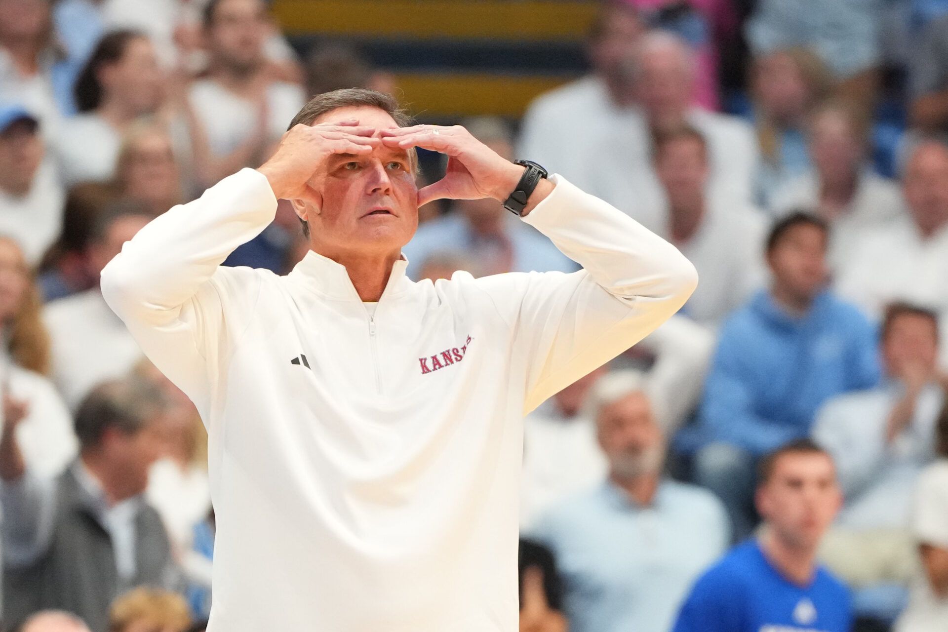 Kansas Jayhawks head coach Bill Self reacts in the second half at Dean E. Smith Center.