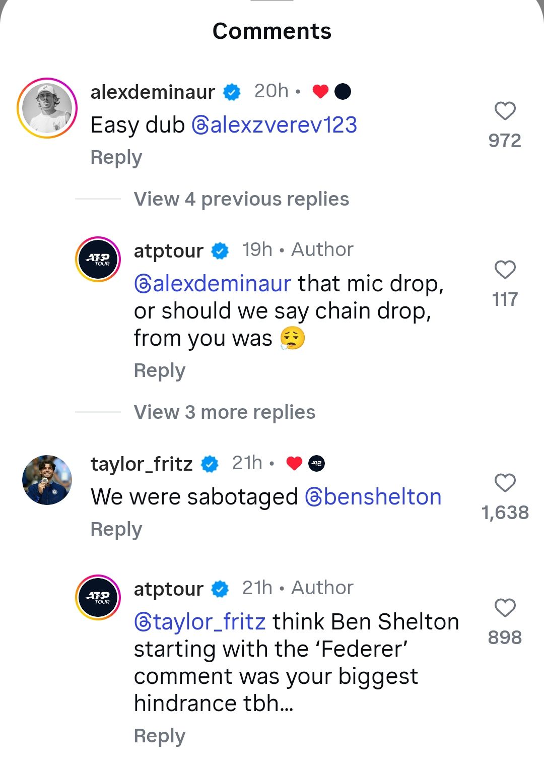 Screen grab of Taylor Fritz and Alex de Minaur's comments