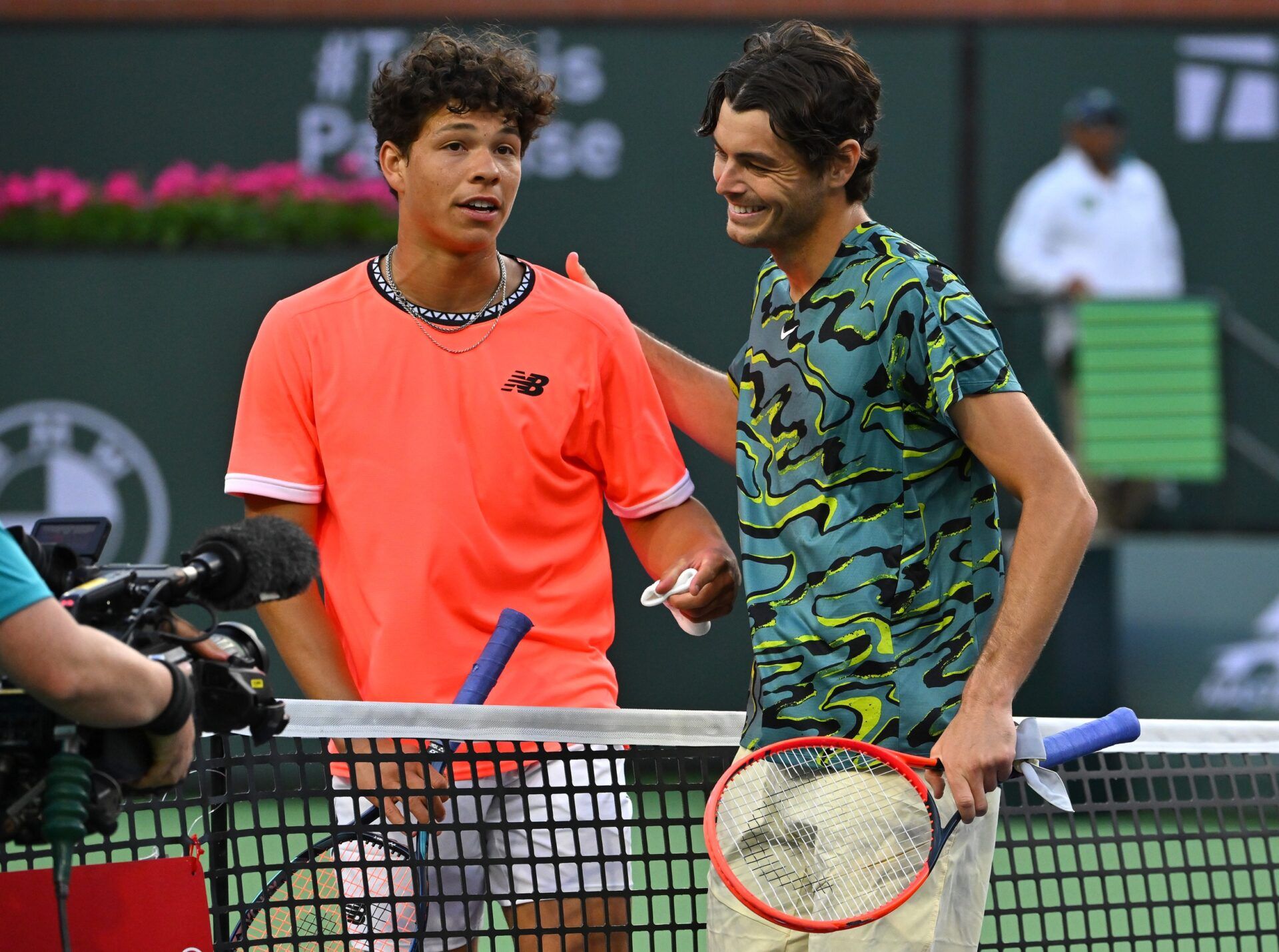Ben Shelton (USA) congratulates Taylor Fritz (USA) after winning their second round match in the BNP Paribas Open at the Indian Wells Tennis Garden.