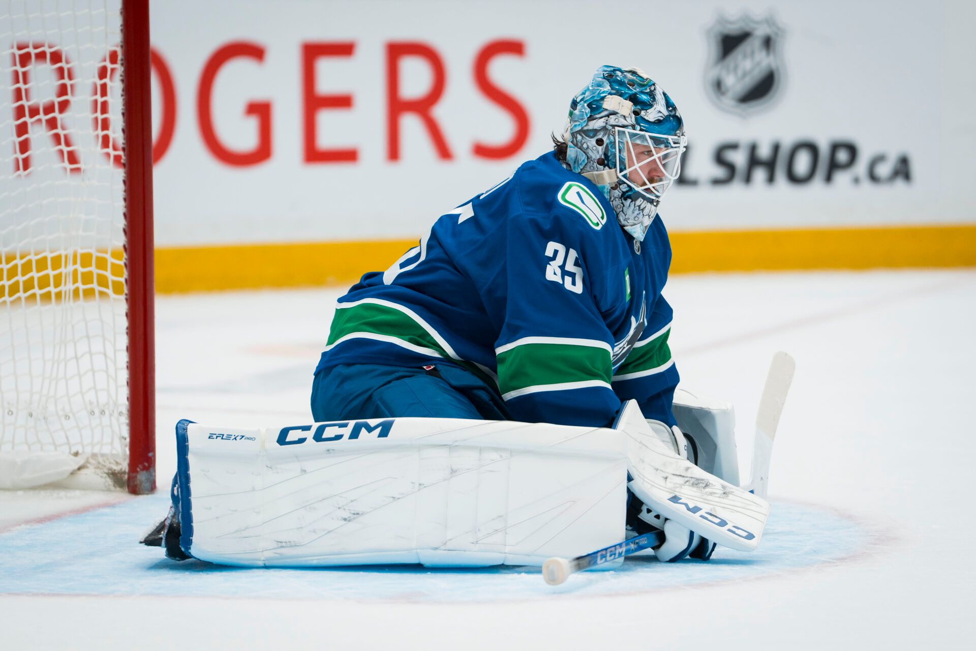Vancouver Canucks goalie Thatcher Demko (35) during a stop in play against the Winnipeg Jets in the first period at Rogers Arena.