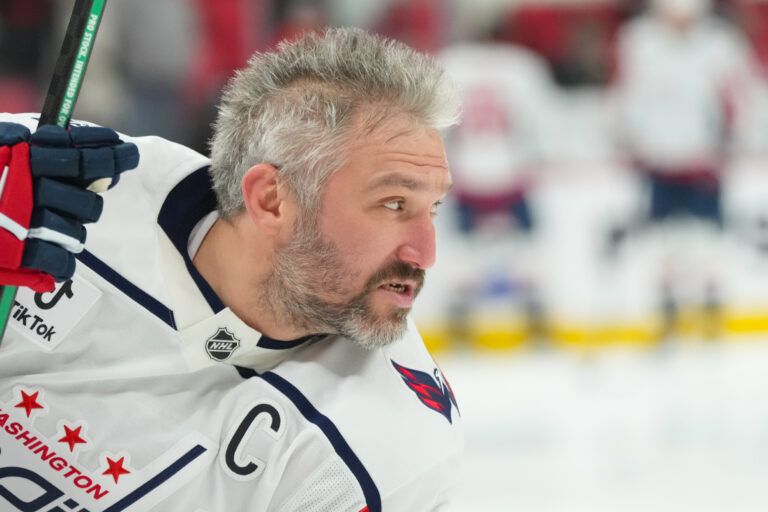 Washington Capitals left wing Alex Ovechkin (8) skates during the warmups before the game against the Carolina Hurricanes at Lenovo Center.