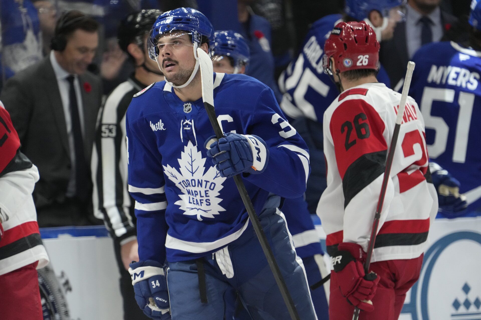 Toronto Maple Leafs forward Auston Matthews (34) skates towards his goaltender after scoring against the Carolina Hurricanes during the second period at Scotiabank Arena.