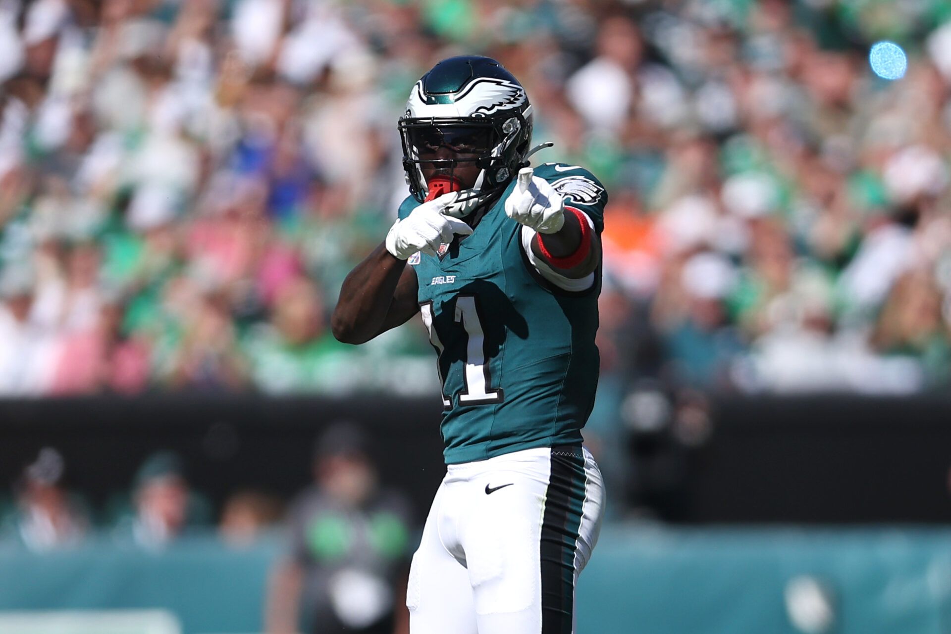 Philadelphia Eagles wide receiver A.J. Brown (11) reacts after a catch against the Denver Broncos in the second quarter at Lincoln Financial Field.