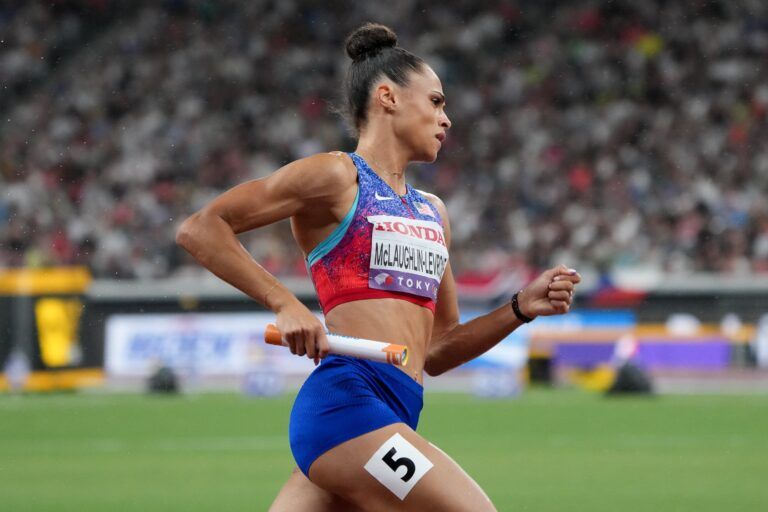 Sydney Mclaughlin-Levrone (USA) competes in the womens 4x400m relay finalC at National Stadium.