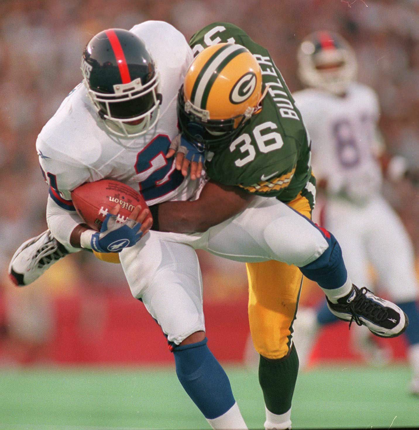 Leroy Butler put a massive hit on Giants running back Tiki Barber in the first quarter on Friday, Aug. 22, 1997 at Lambeau Field.

Leroy Butler
