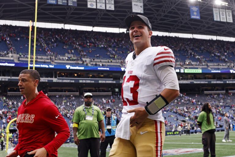 San Francisco 49ers quarterback Brock Purdy (13) reacts after the game against the Seattle Seahawks during the fourth quarter at Lumen Field.