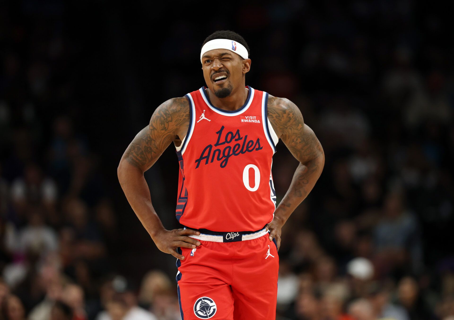 Los Angeles Clippers guard Bradley Beal (0) reacts against the Phoenix Suns at the Mortgage Matchup Center.