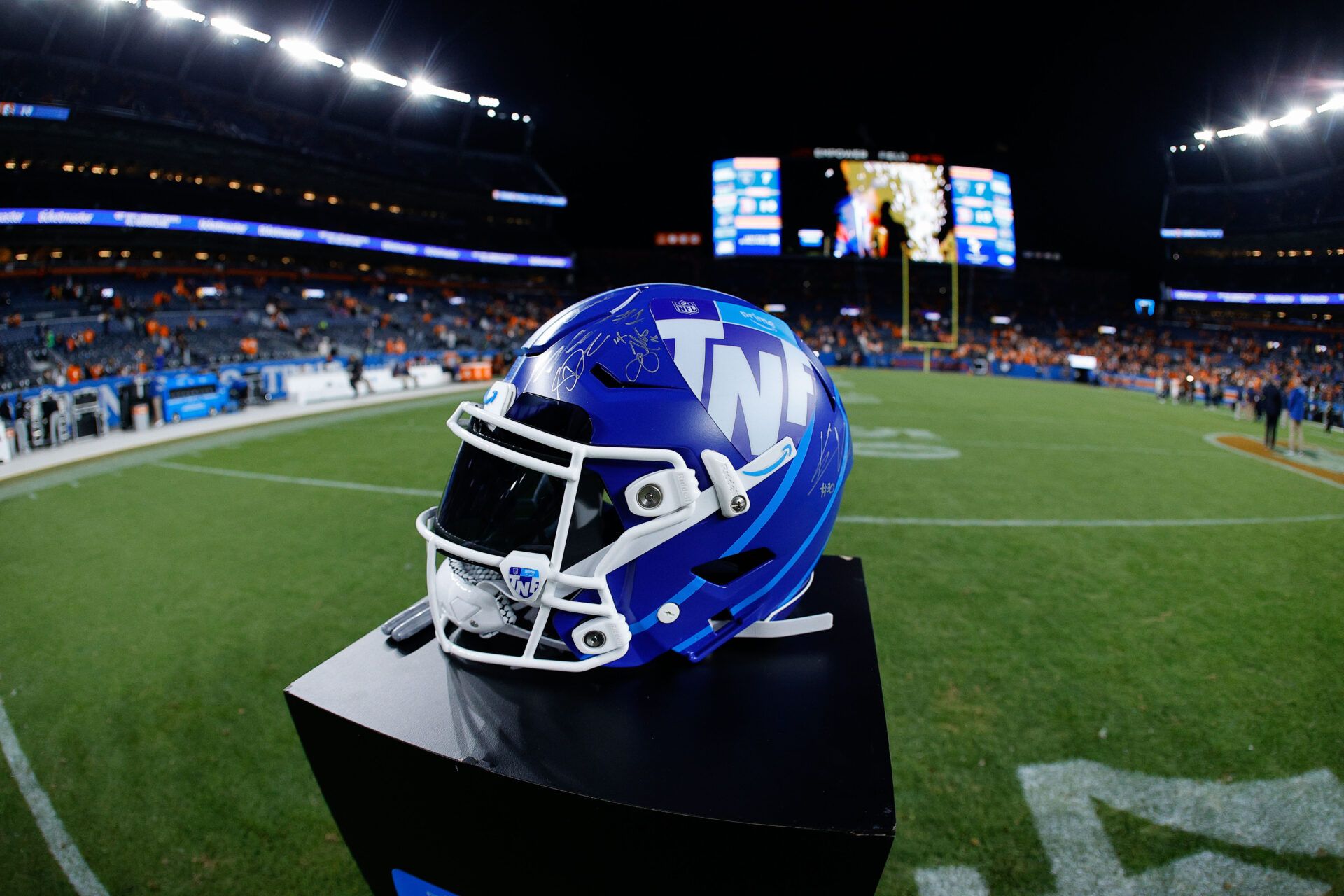 A Thursday Night Football promotional helmet after the game between the Denver Broncos and the Las Vegas Raiders at Empower Field at Mile High.