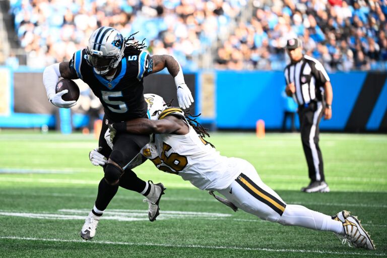 Carolina Panthers running back Rico Dowdle (5) rushes as New Orleans Saints linebacker Demario Davis (56) tackles during the third quarter at Bank of America Stadium.
