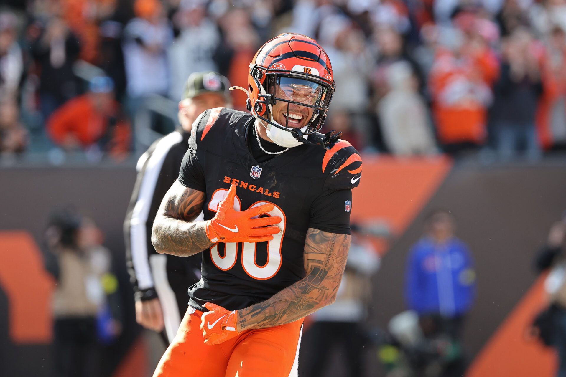 Cincinnati Bengals running back Chase Brown (30) celebrates scoring a touchdown during the second quarter against the New York Jets at Paycor Stadium.