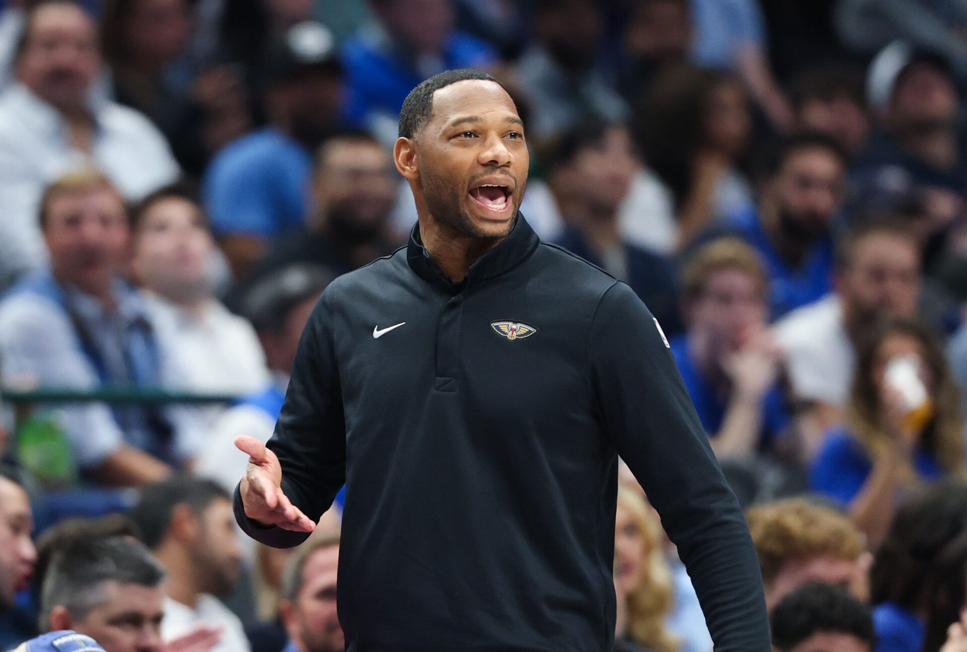 New Orleans Pelicans head coach Willie Green reacts during the first half against the Dallas Mavericks at American Airlines Center.