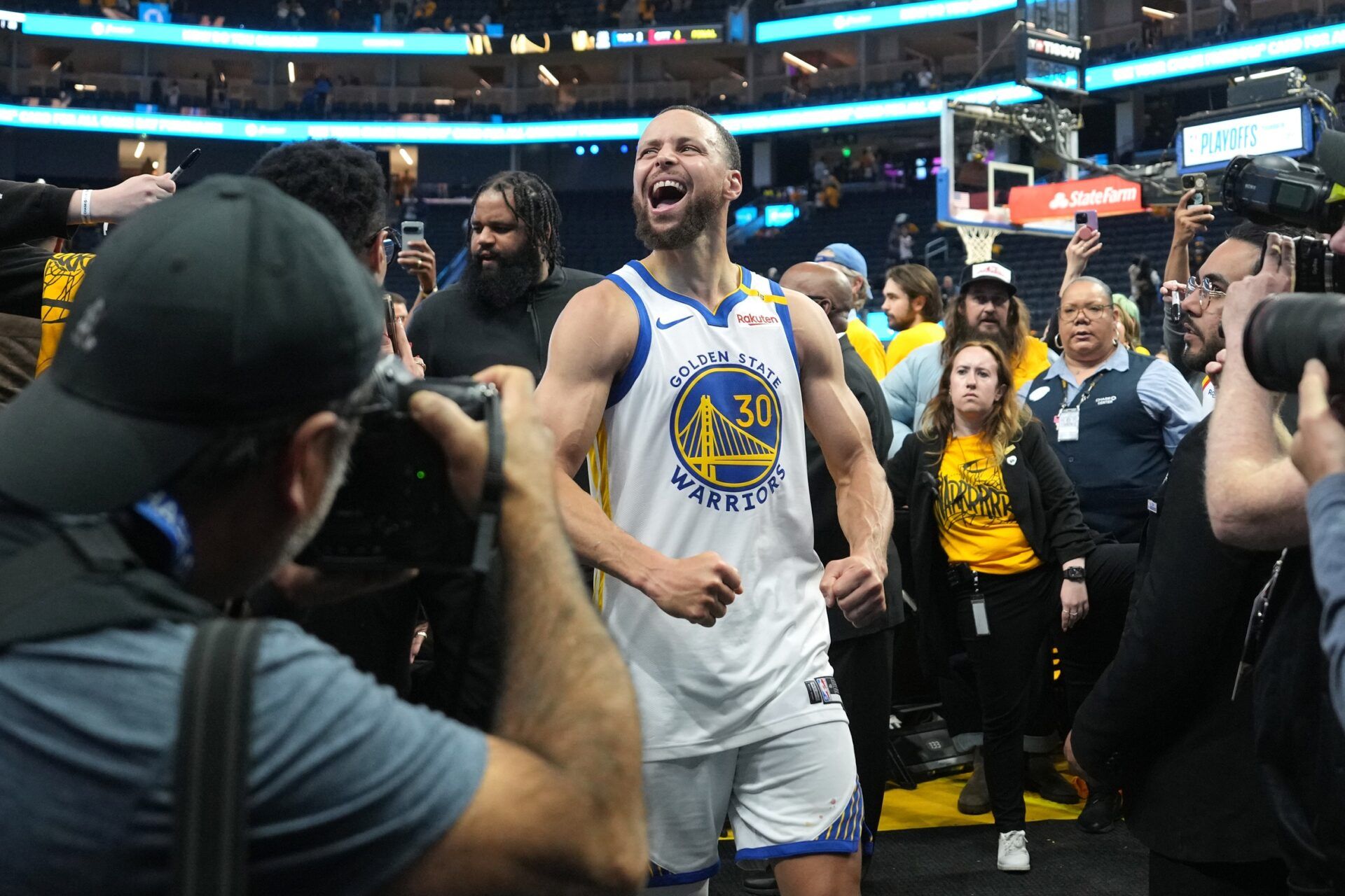 Golden State Warriors guard Stephen Curry (30) reacts after defeating the Houston Rockets during game three of first round for the 2024 NBA Playoffs at Chase Center.