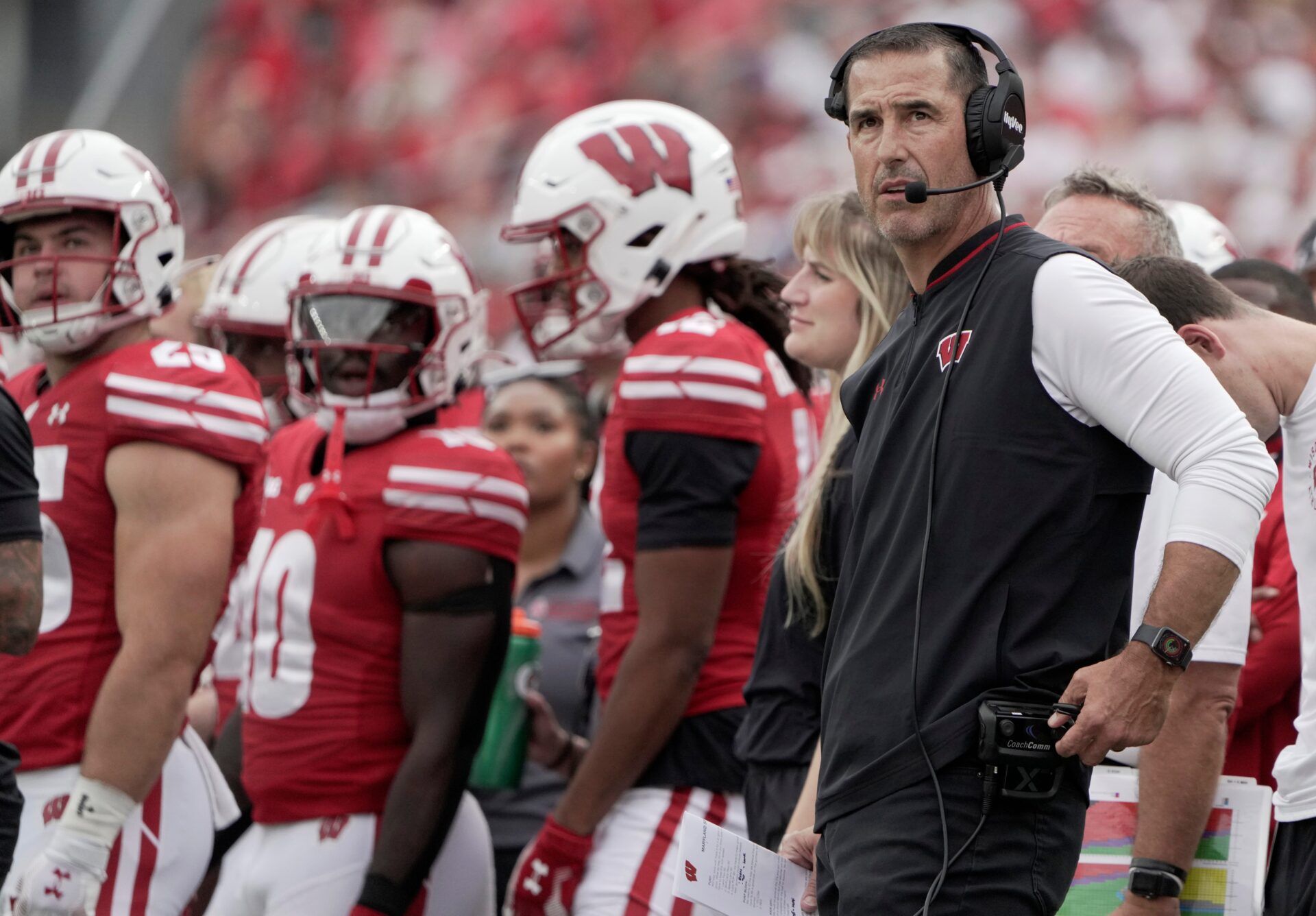 Wisconsin head coach Luke Fickell is shown during the third quarter of their game against Maryland Saturday, September 20, 2025 at Camp Randall Stadium in Madison, Wisconsin.