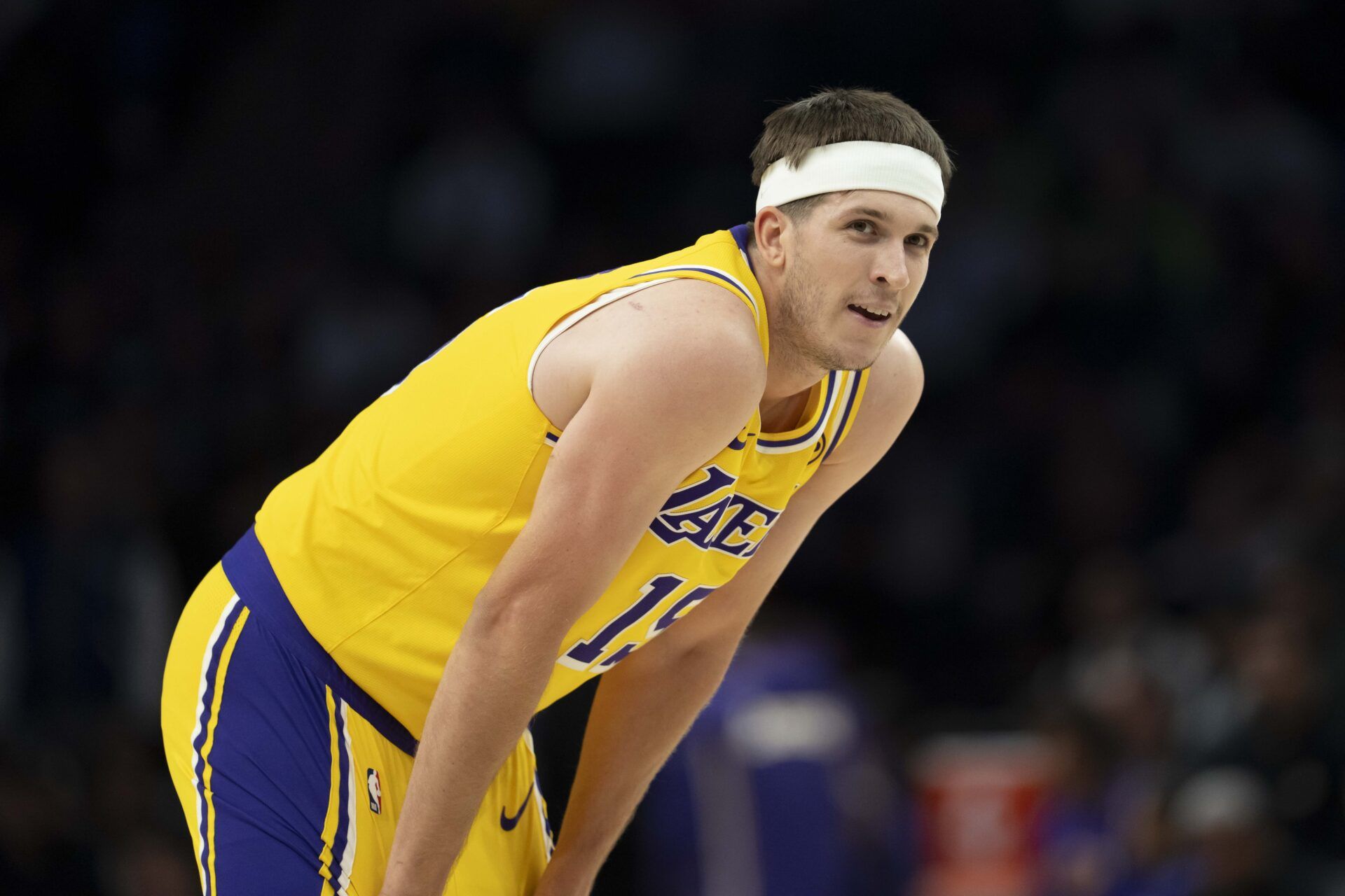 Los Angeles Lakers guard Austin Reaves (15) looks on against the Minnesota Timberwolves in the first half at Target Center.