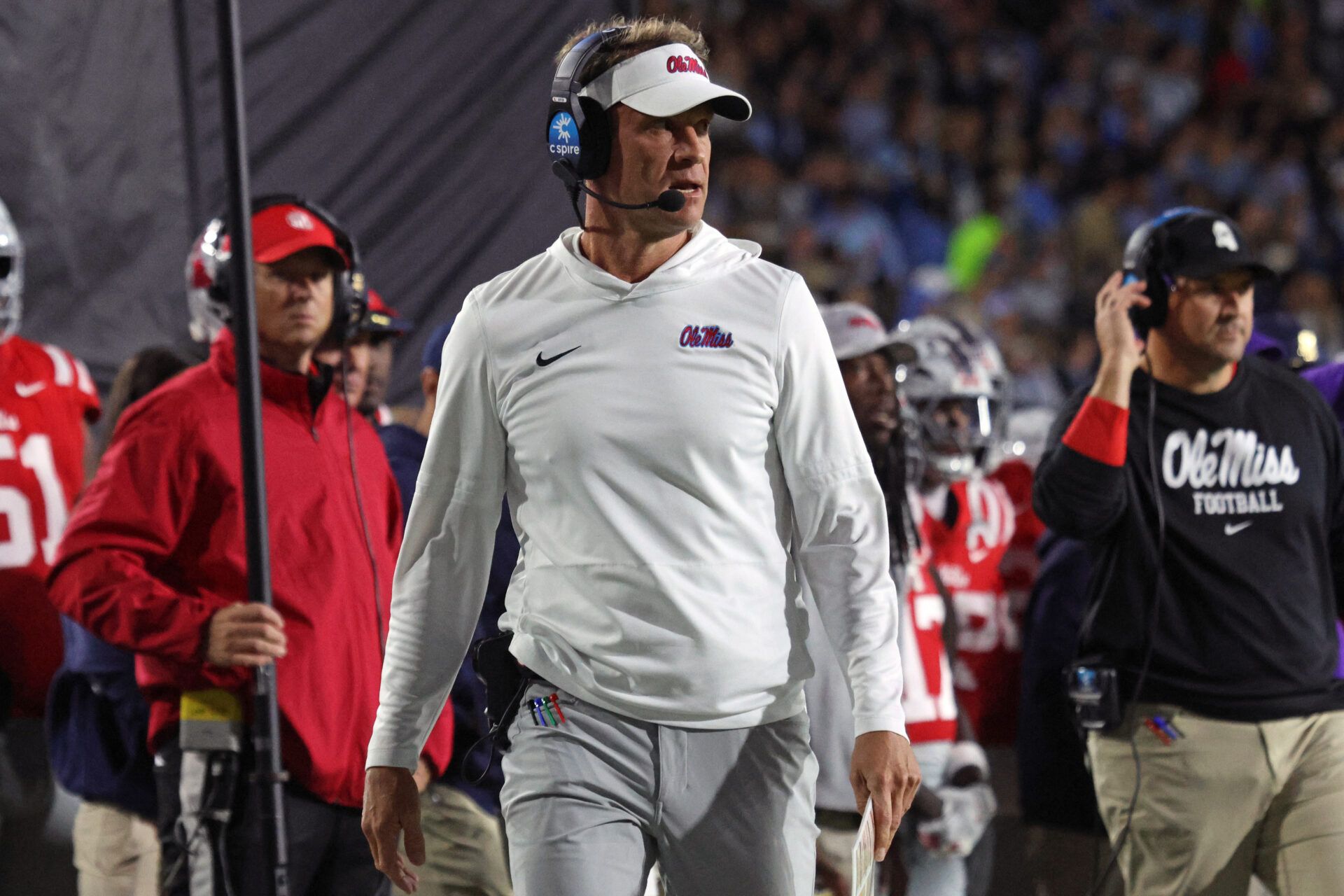 Mississippi Rebels head coach Lane Kiffin looks on during the first quarter against the South Carolina Gamecocks at Vaught-Hemingway Stadium.