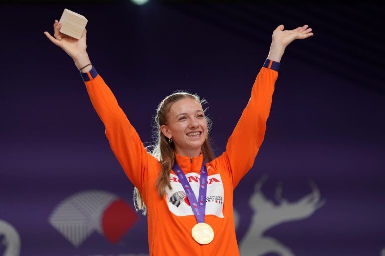Tokyo, , Japan; Femke Bol (NED) poses with gold medal duirng the women's 400m hurdles ceremony during the World Athletics Championships at National Stadium.