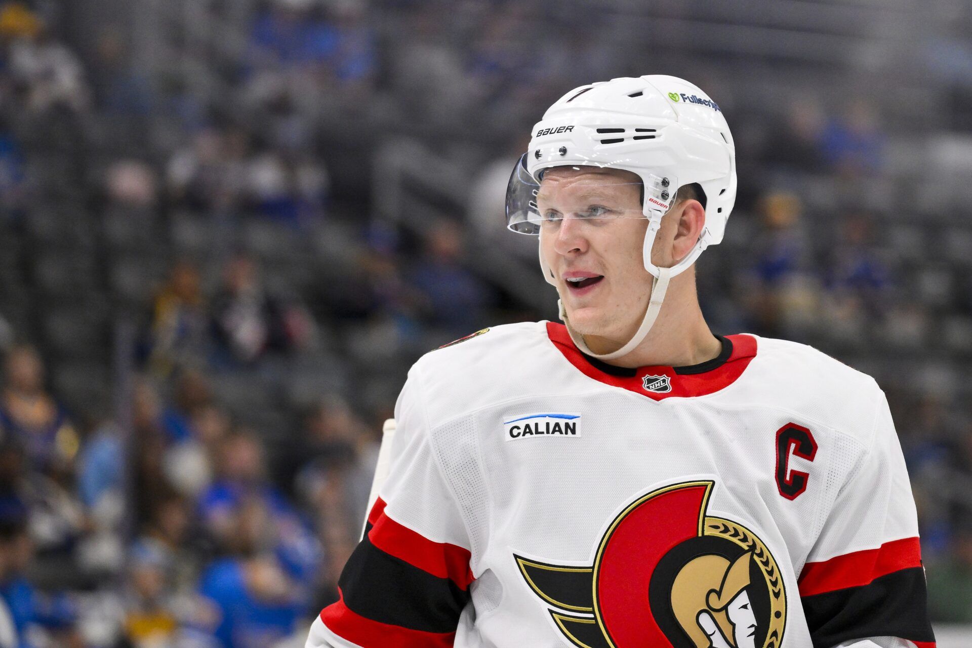 Ottawa Senators left wing Brady Tkachuk (7) looks on during the third period against the St. Louis Blues at Enterprise Center.