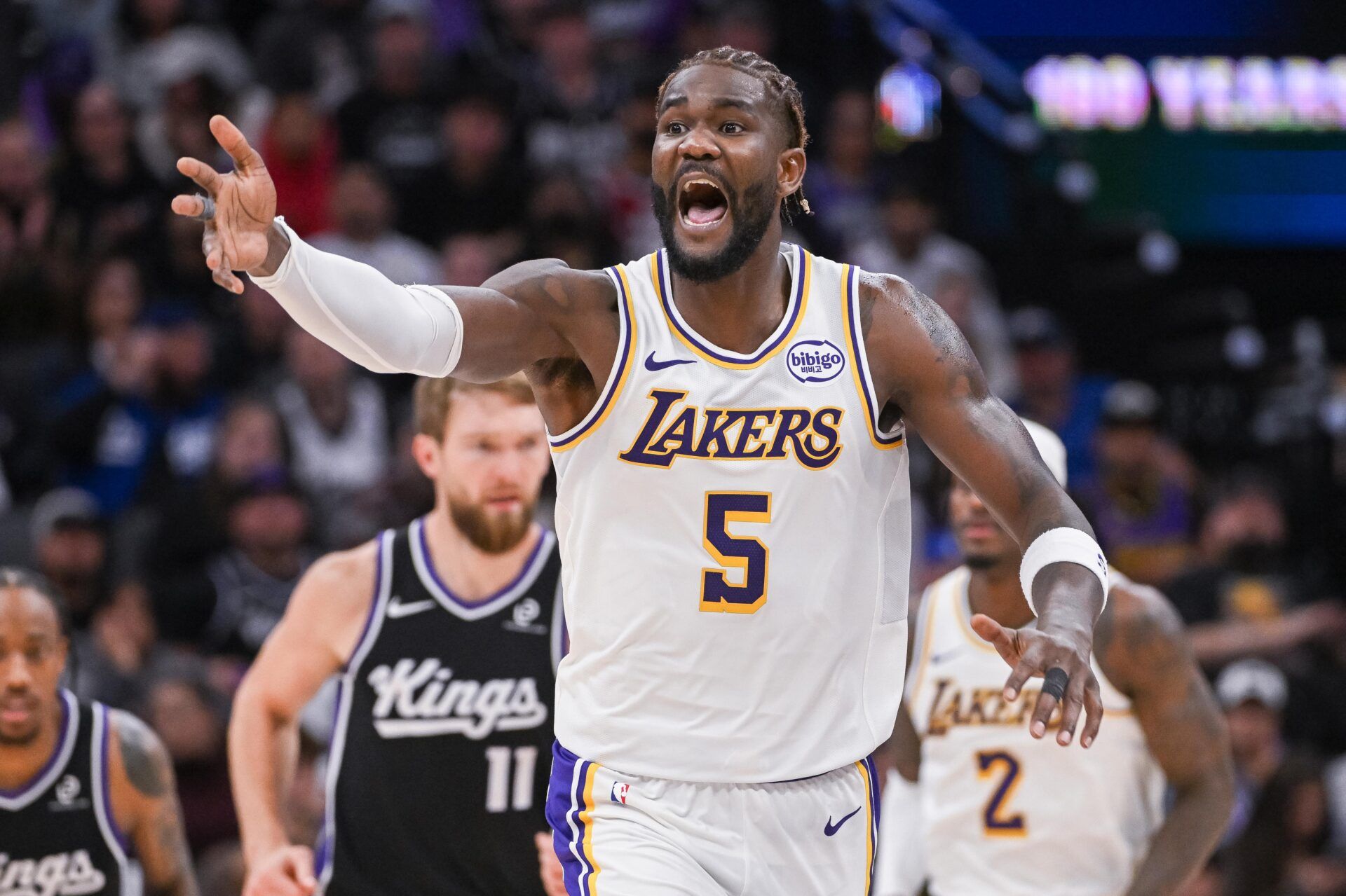 Los Angeles Lakers center Deandre Ayton (5) reacts to a call during the fourth quarter of the game against the Sacramento Kings at Golden 1 Center.