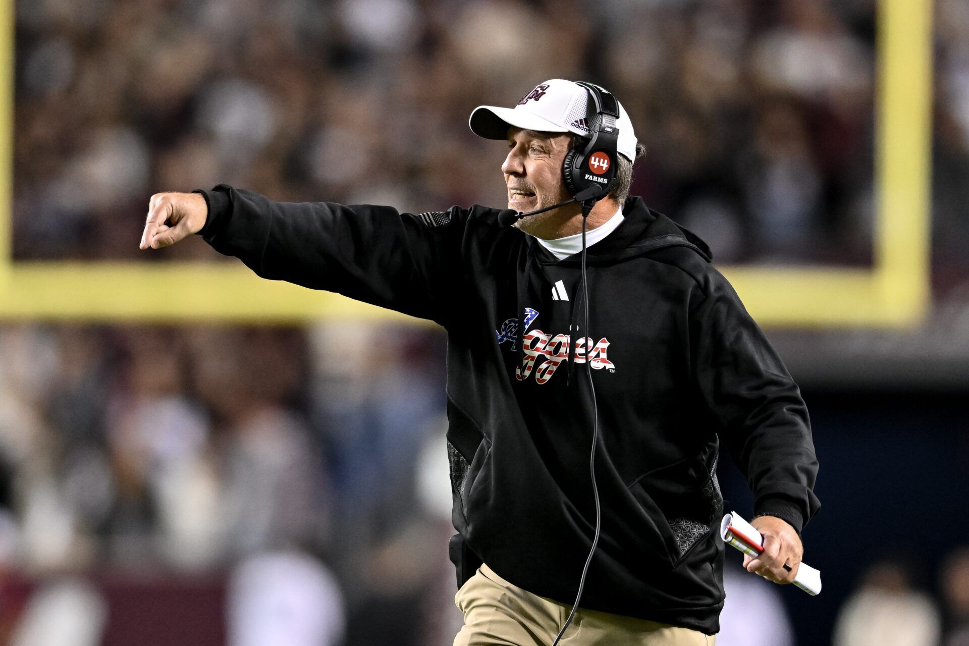 Texas A&M Aggies head coach Jimbo Fisher reacts to a call during the second quarter against the Mississippi State Bulldogs at Kyle Field.