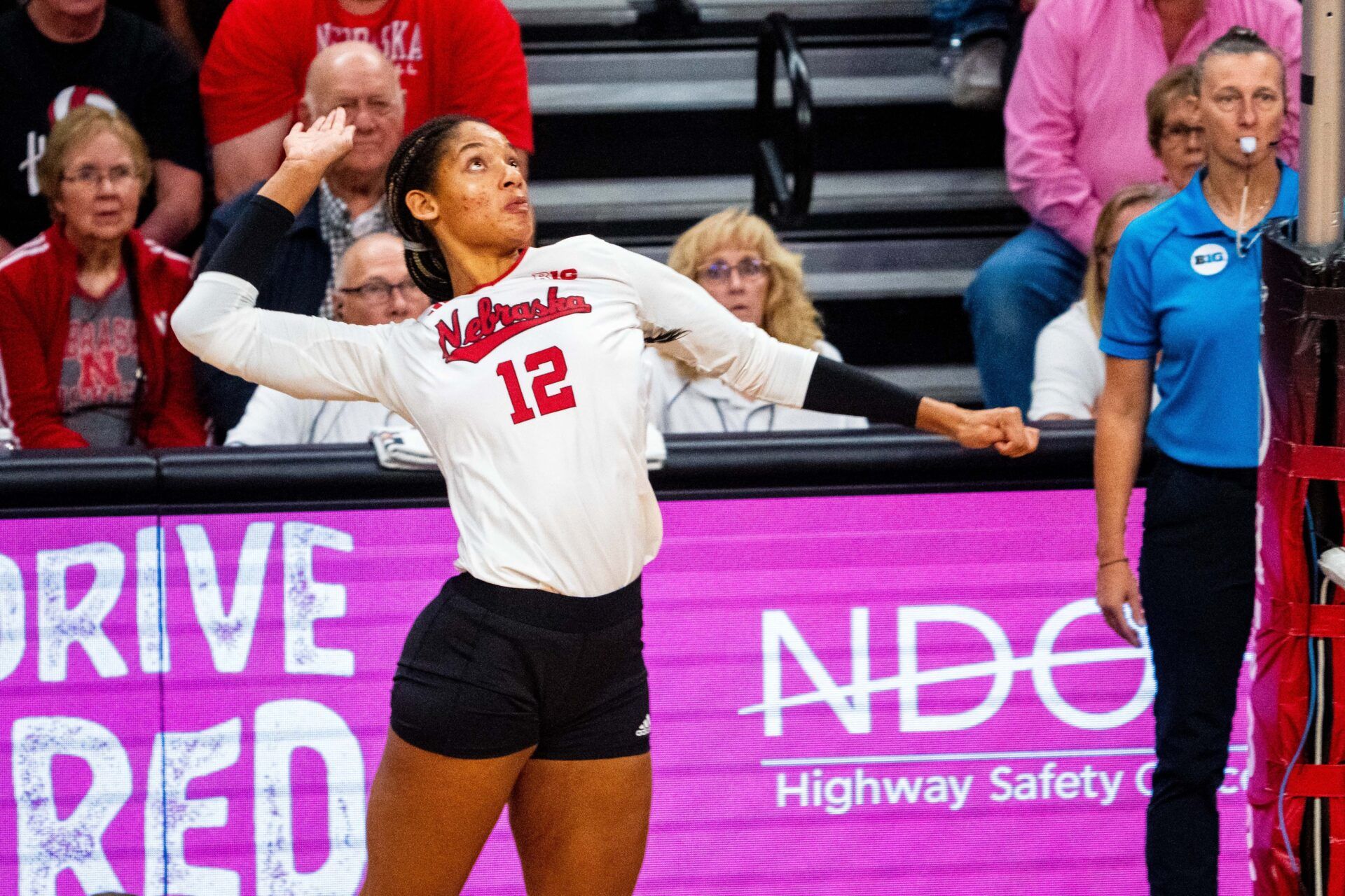 Nebraska Cornhuskers outside hitter Taylor Landfair (12) attacks against the Illinois Fighting Illini during the third set at Bob Devaney Sports Center.