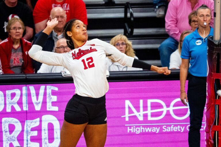 Nebraska Cornhuskers outside hitter Taylor Landfair (12) attacks against the Illinois Fighting Illini during the third set at Bob Devaney Sports Center.