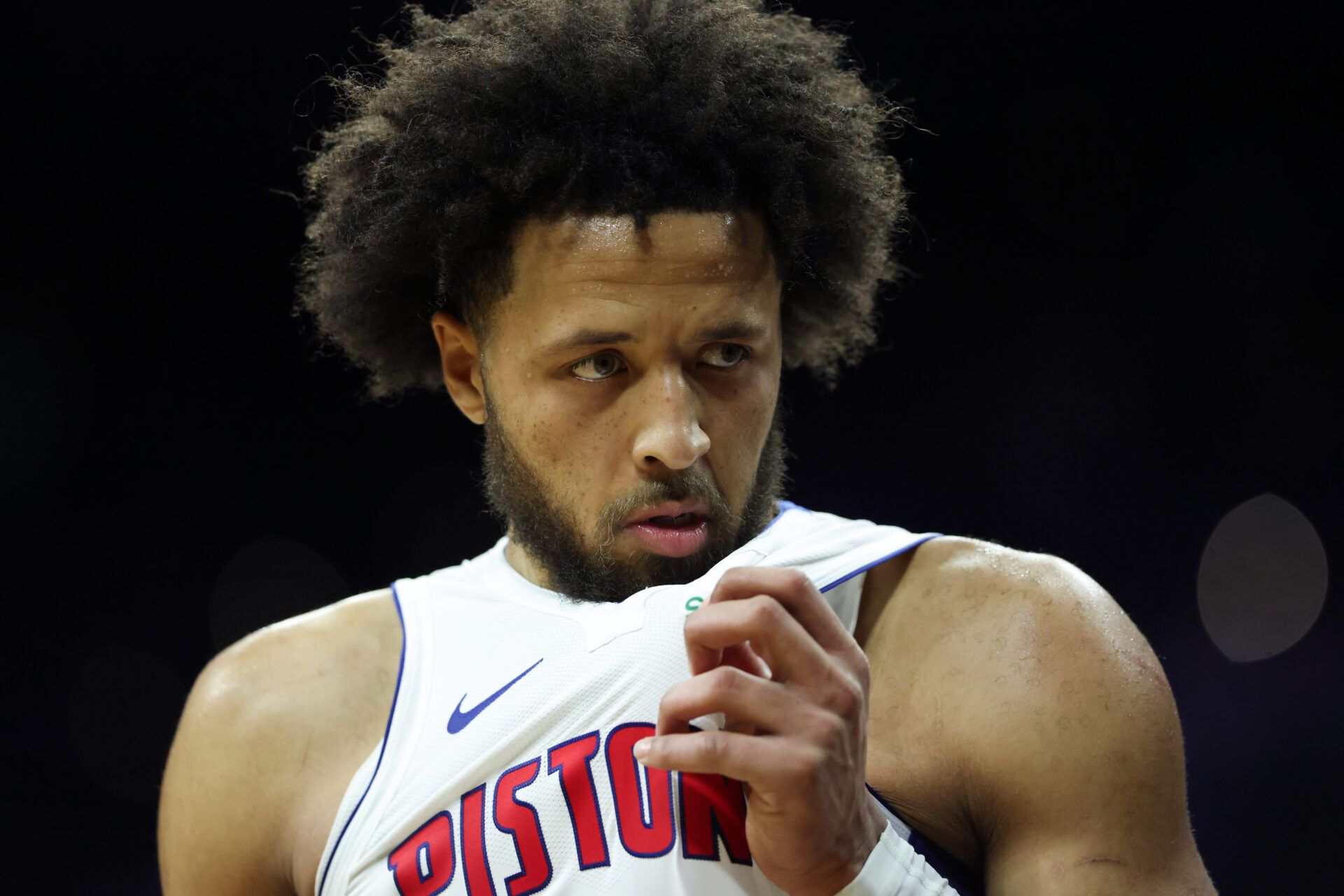 Detroit Pistons guard Cade Cunningham (2) looks on during the fourth quarter against the Philadelphia 76ers at Xfinity Mobile Arena.