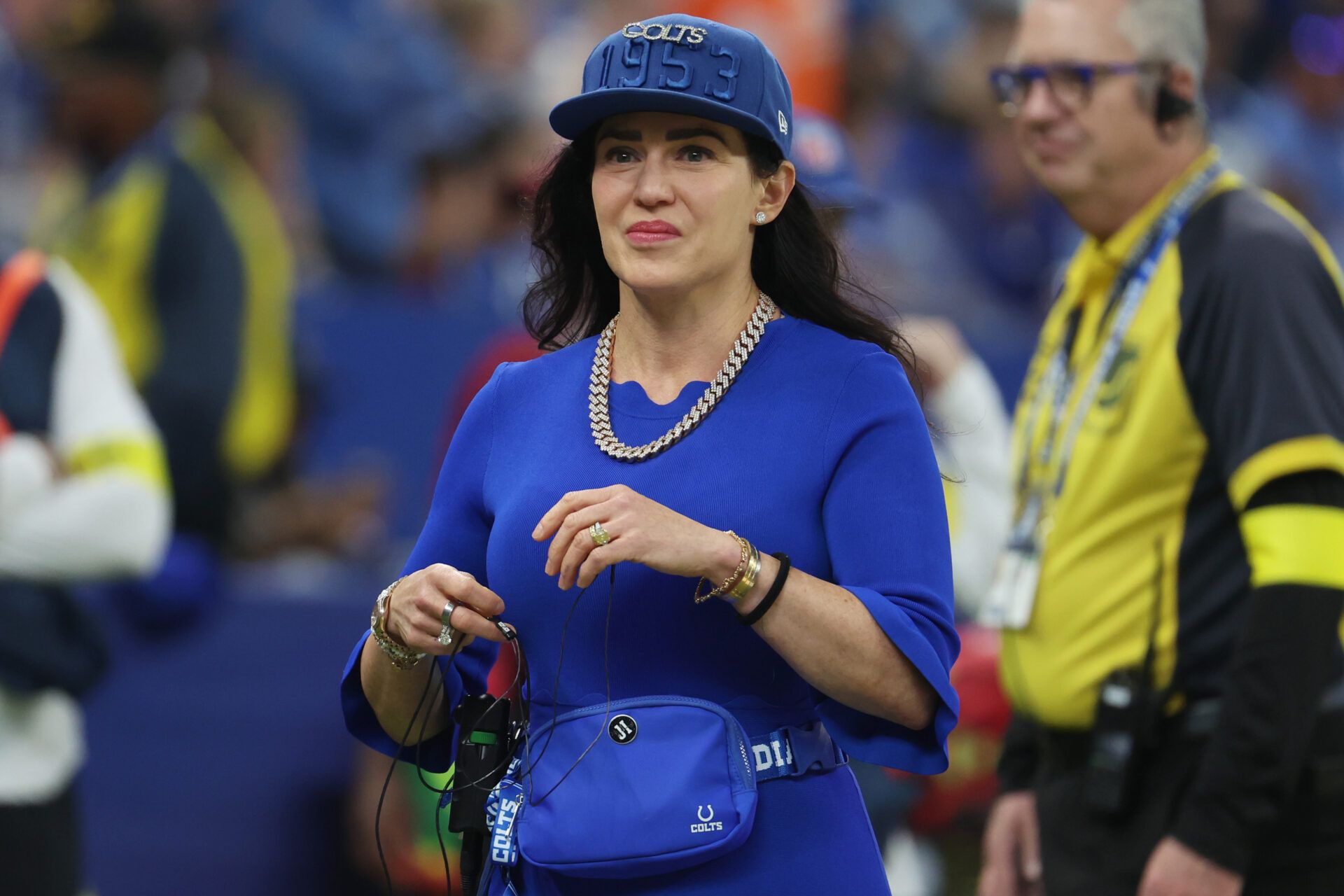 Indianapolis Colts co-owner Carlie Irsay-Gordon walks on the sideline during the second quarter at Lucas Oil Stadium.