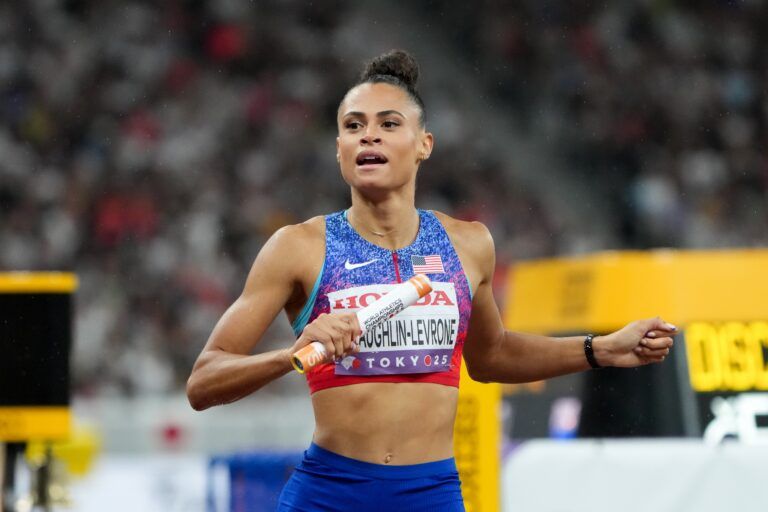 Sydney Mclaughlin-Levrone (USA) wins the womens 4x400m relay final at National Stadium.