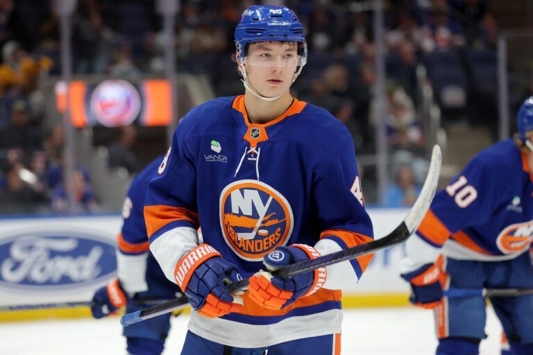 New York Islanders defenseman Matthew Schaefer (48) skates against the Minnesota Wild during the third period at UBS Arena.
