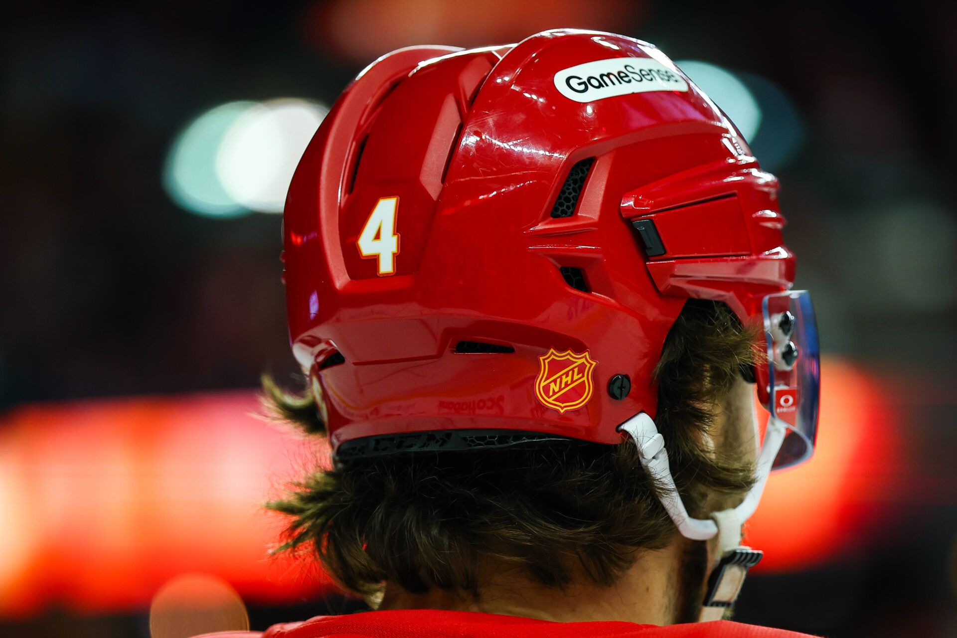 General view of the Calgary Flames defenseman Rasmus Andersson (4) helmet with NHL logo during the second period against the Montreal Canadiens at Scotiabank Saddledome.