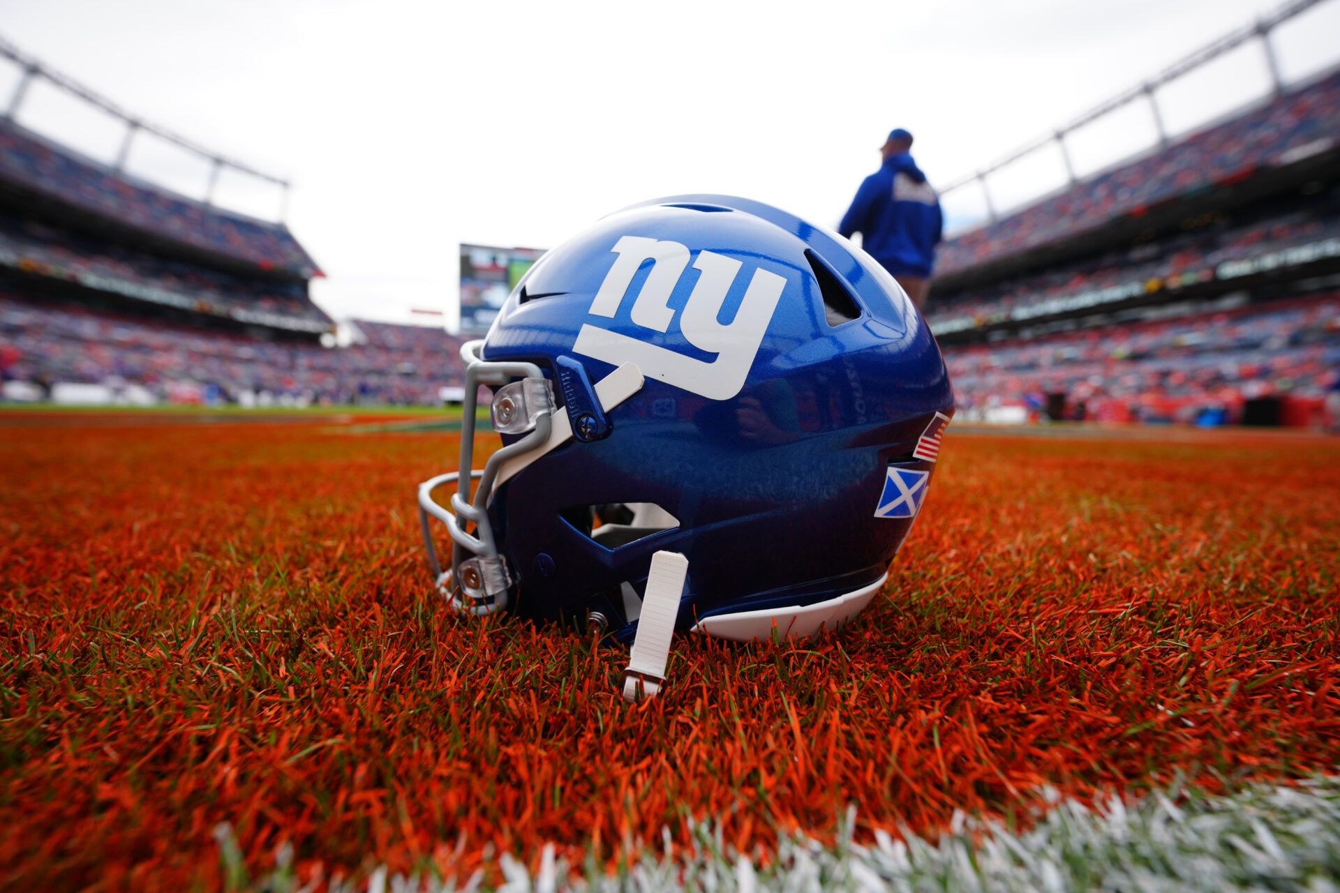 A general view of the New York Giants helmet before the game against the Denver Broncos at Empower Field at Mile High.