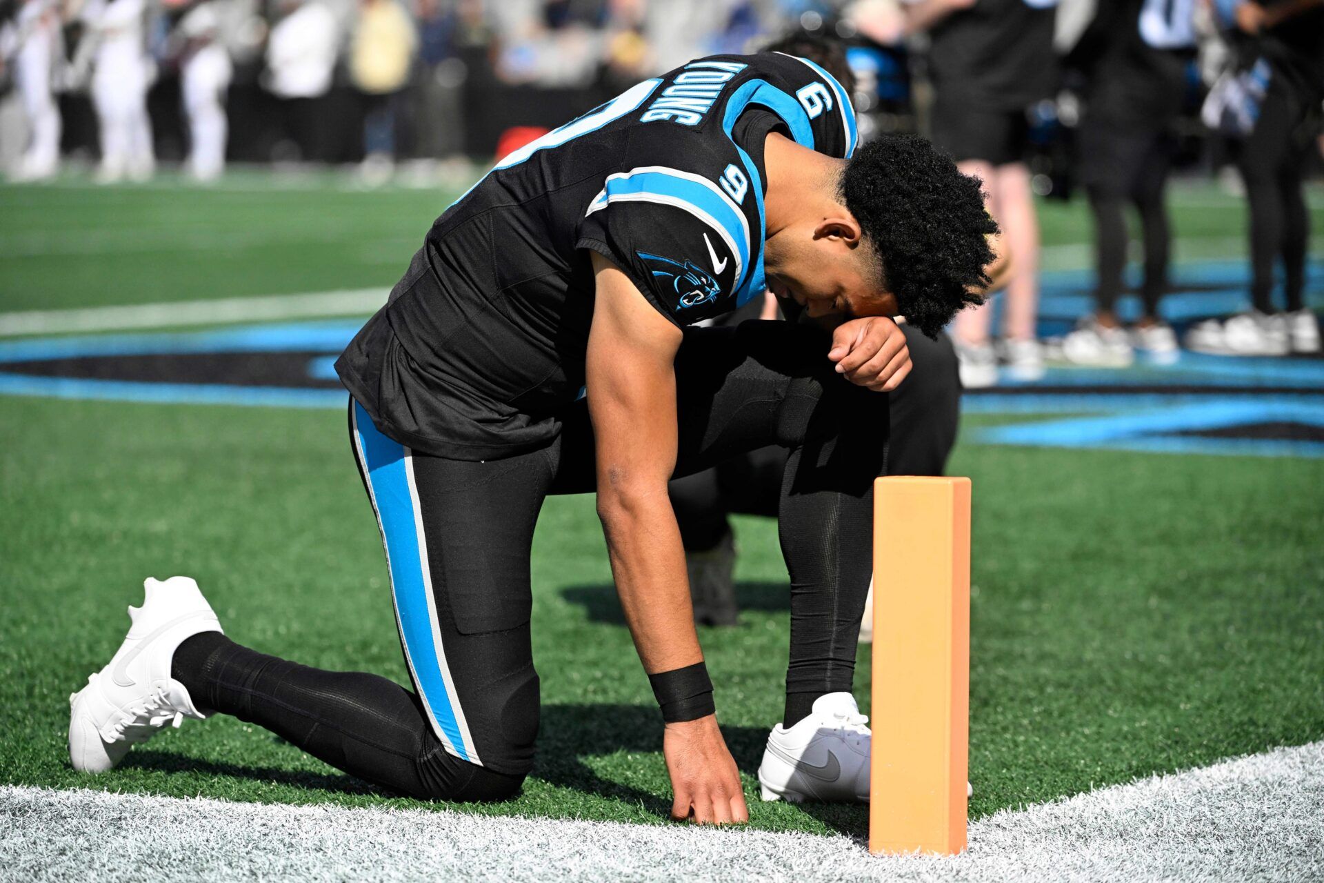 Carolina Panthers quarterback Bryce Young (9) reflects before the game at Bank of America Stadium.