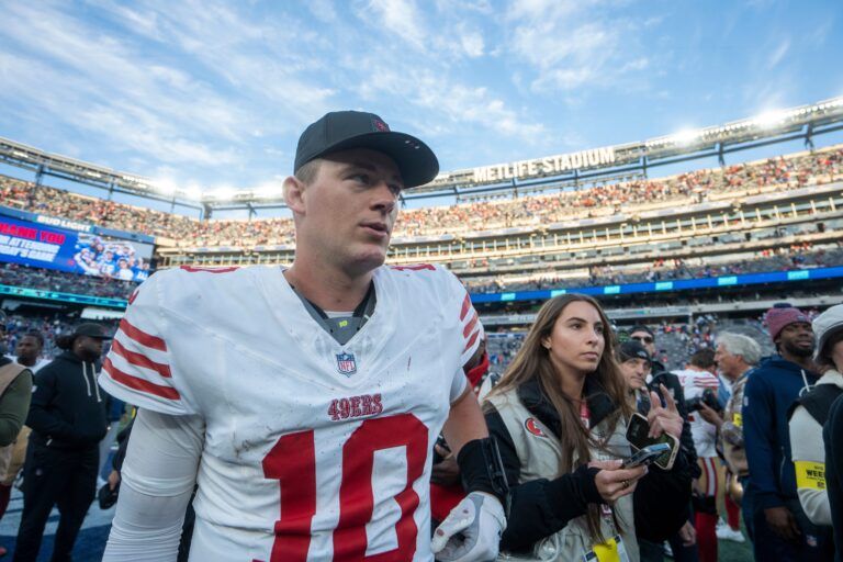 San Francisco 49ers quarterback Mac Jones (10) walks off the field after a week 9 game between New York Giants and San Francisco 49ers at MetLife Stadium on Sunday, Nov. 2, 2025.