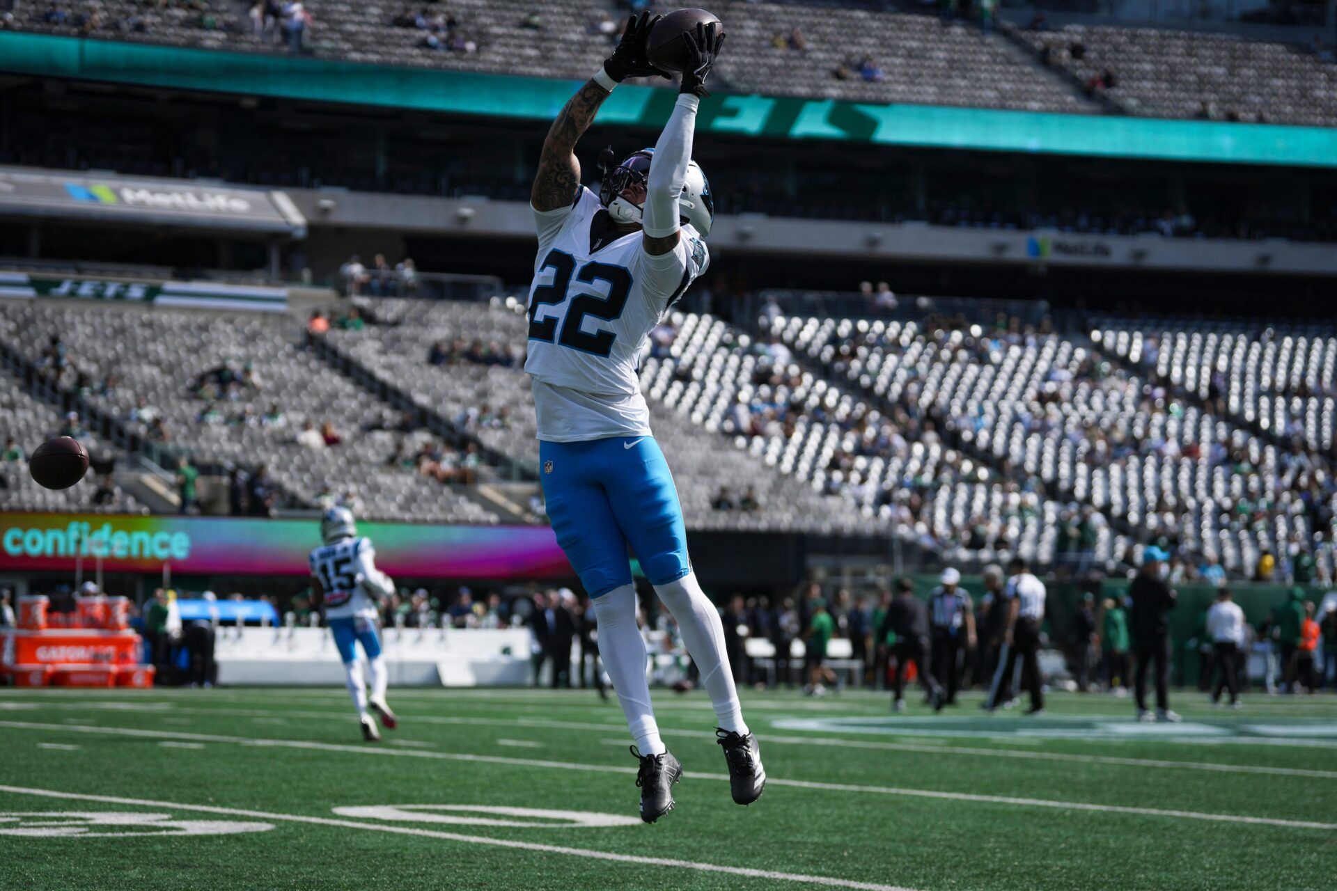 Carolina Panthers safety Lathan Ransom (22) catches the ball before a game against the New York Jets at MetLife Stadium, Oct 19, 2025, East Rutherford, NJ, USA.