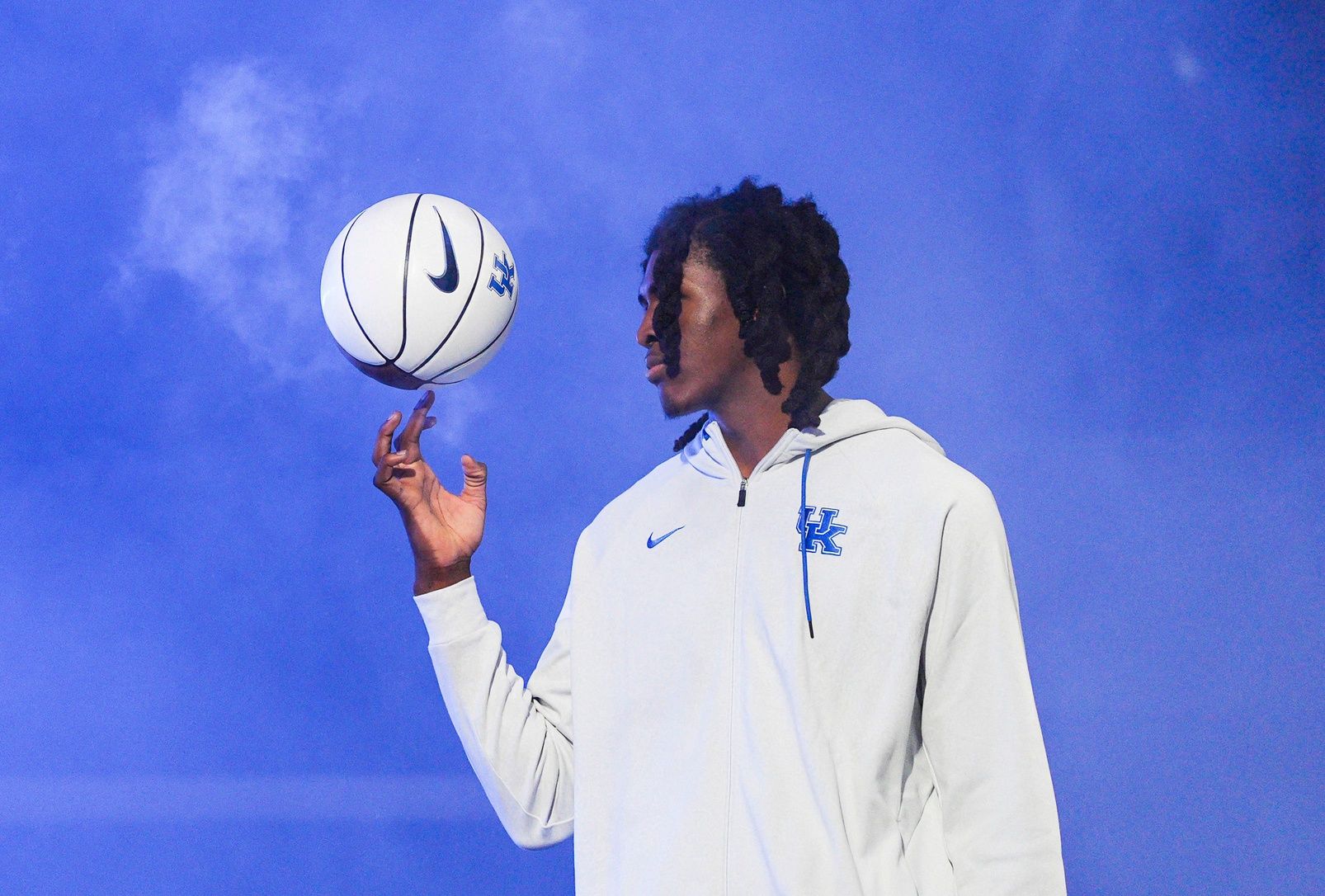 Kentucky Wildcats forward Jayden Quaintance spins a basketball while being introduced at the 2025 Big Blue Madness at Rupp Arena in Lexington, Kentucky Saturday, Oct. 11, 2025.
