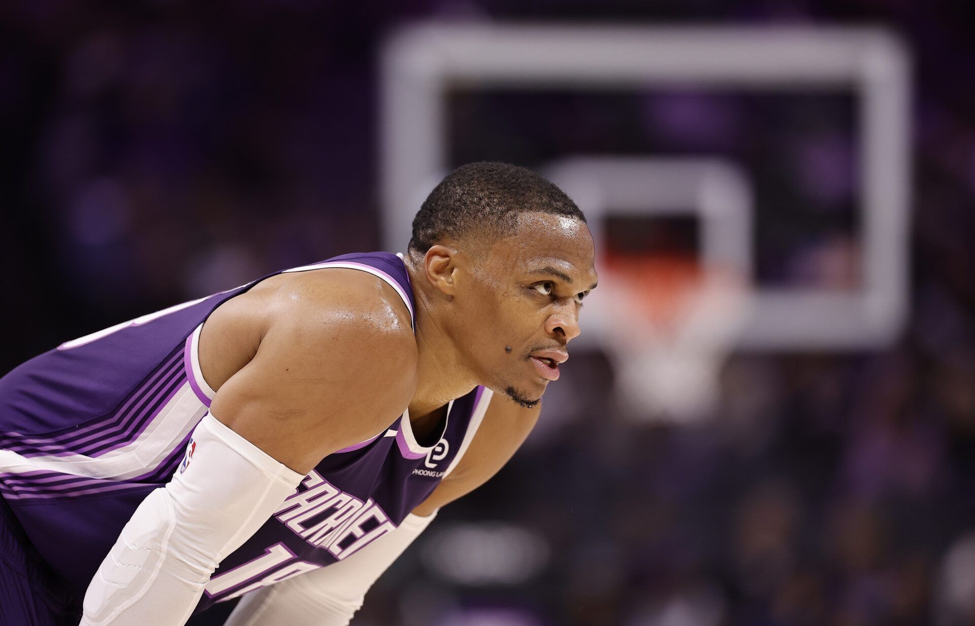 Sacramento Kings guard Russell Westbrook (18) between plays against the Atlanta Hawks during the second quarter at Golden 1 Center.