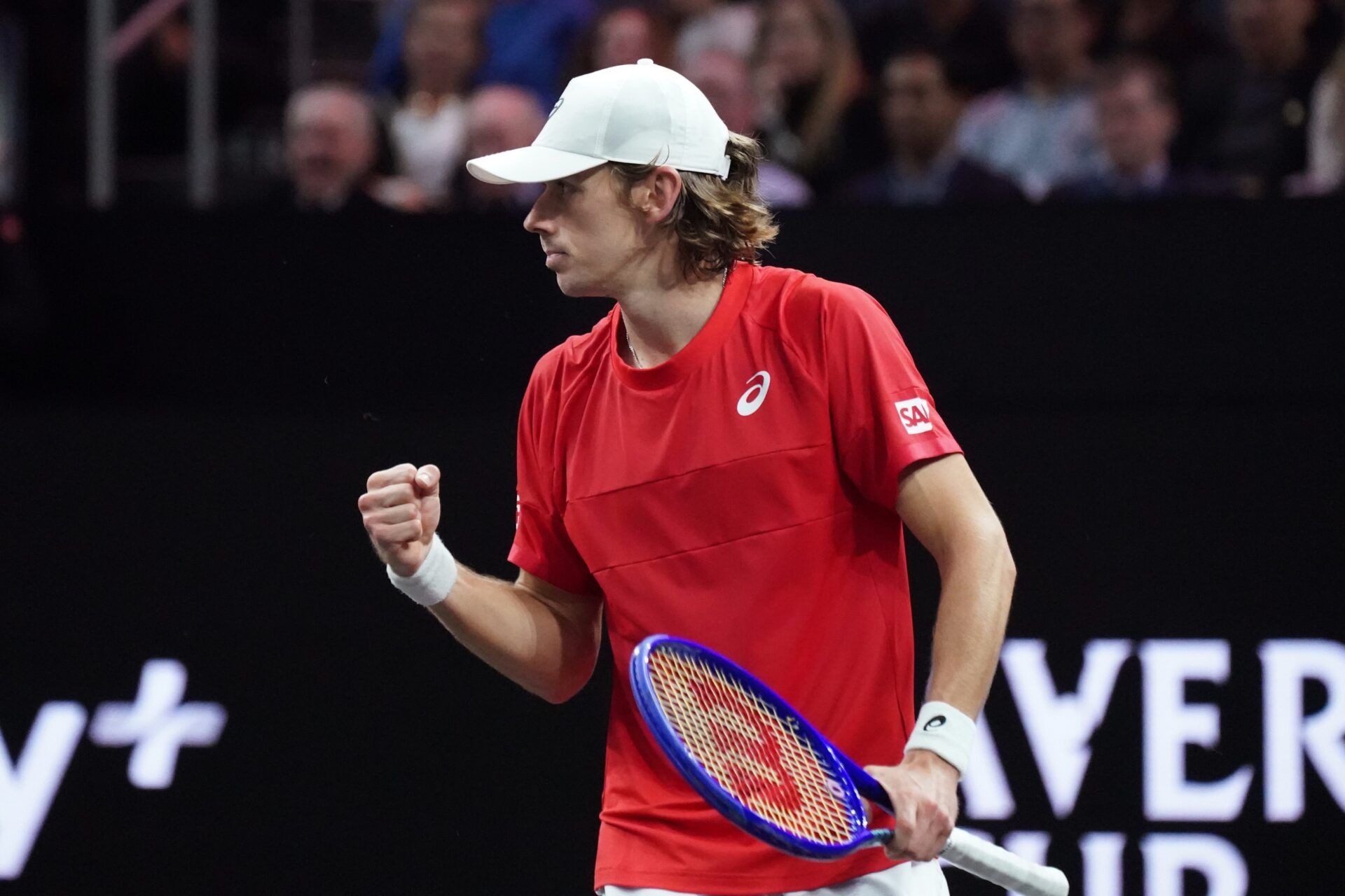 Team World Player Alex de Minaur celebrates after winning a point from Team Europe player Alexander Zverev during the Laver Cup at Chase Center.