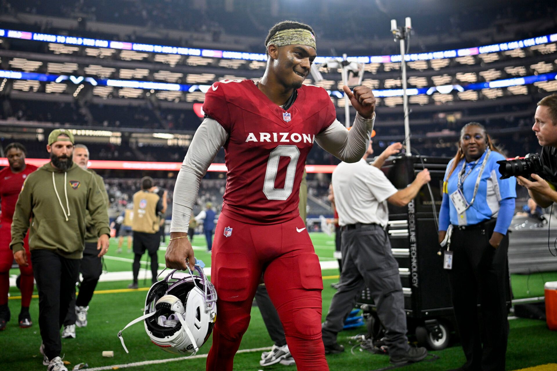 Arizona Cardinals cornerback Will Johnson (0) walks off the field after the game between the Dallas Cowboys and the Arizona Cardinals at AT&T Stadium.