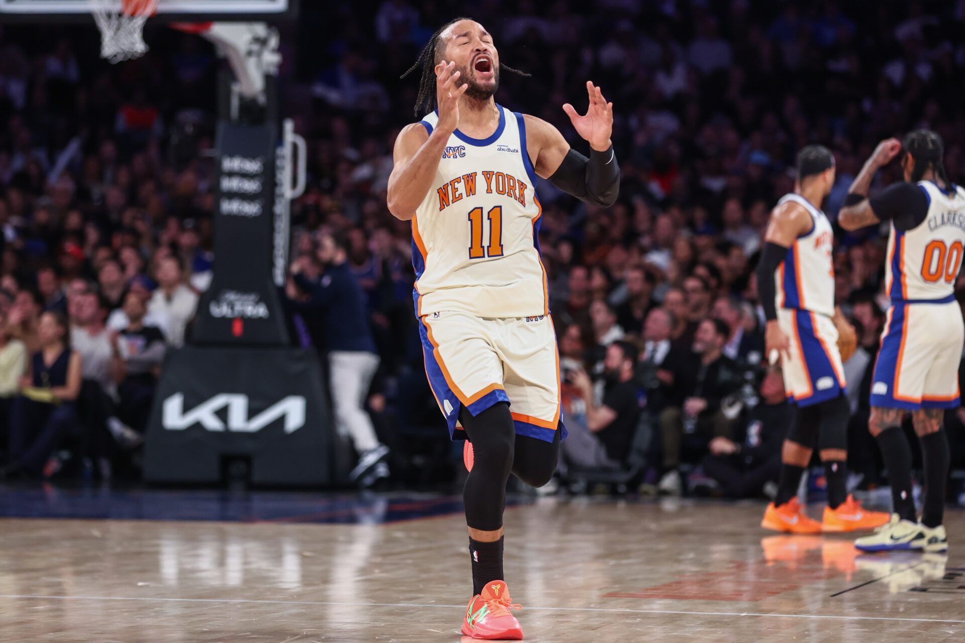 New York Knicks guard Jalen Brunson (11) reacts to a call in the second quarter against the Memphis Grizzlies at Madison Square Garden.