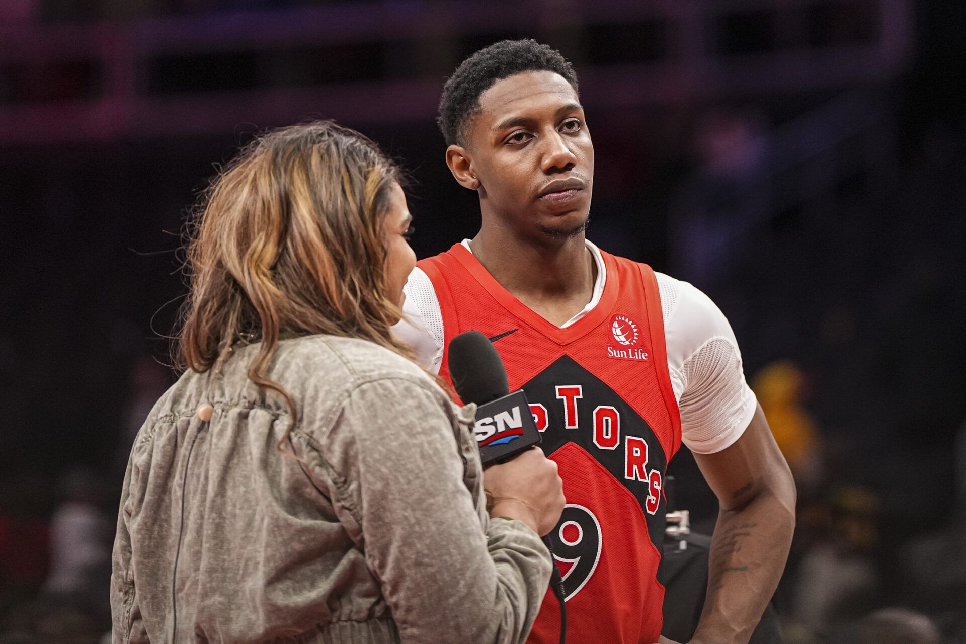 Toronto Raptors guard RJ Barrett (9) is interviewed on the court after the Raptors defeated the Atlanta Hawks at State Farm Arena.