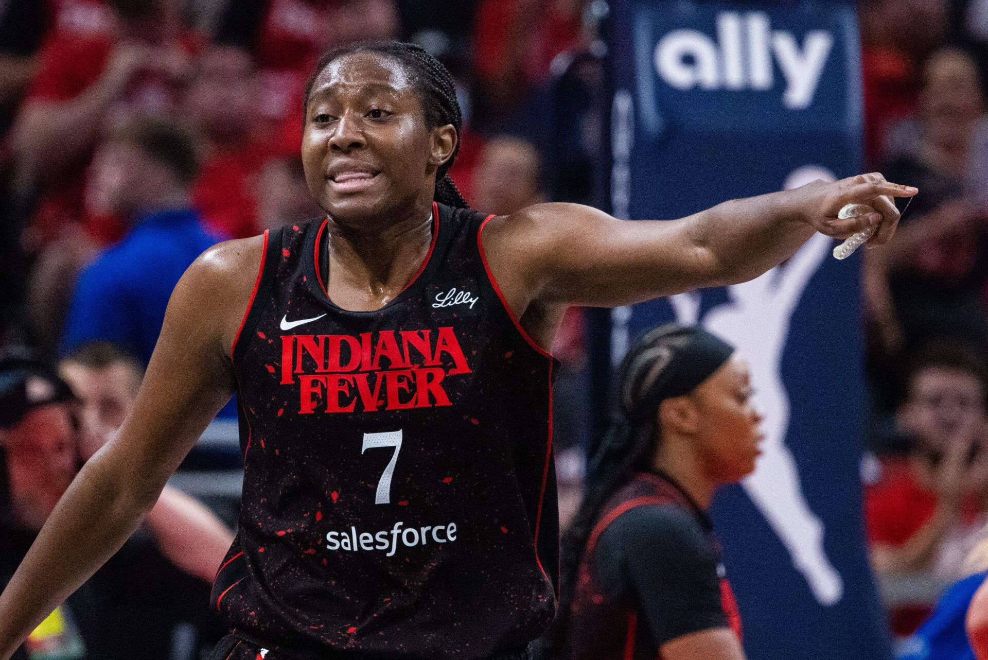 Indiana Fever forward Aliyah Boston (7) gestures during game three against the Las Vegas Aces of the second round for the 2025 WNBA Playoffs at Gainbridge Fieldhouse.