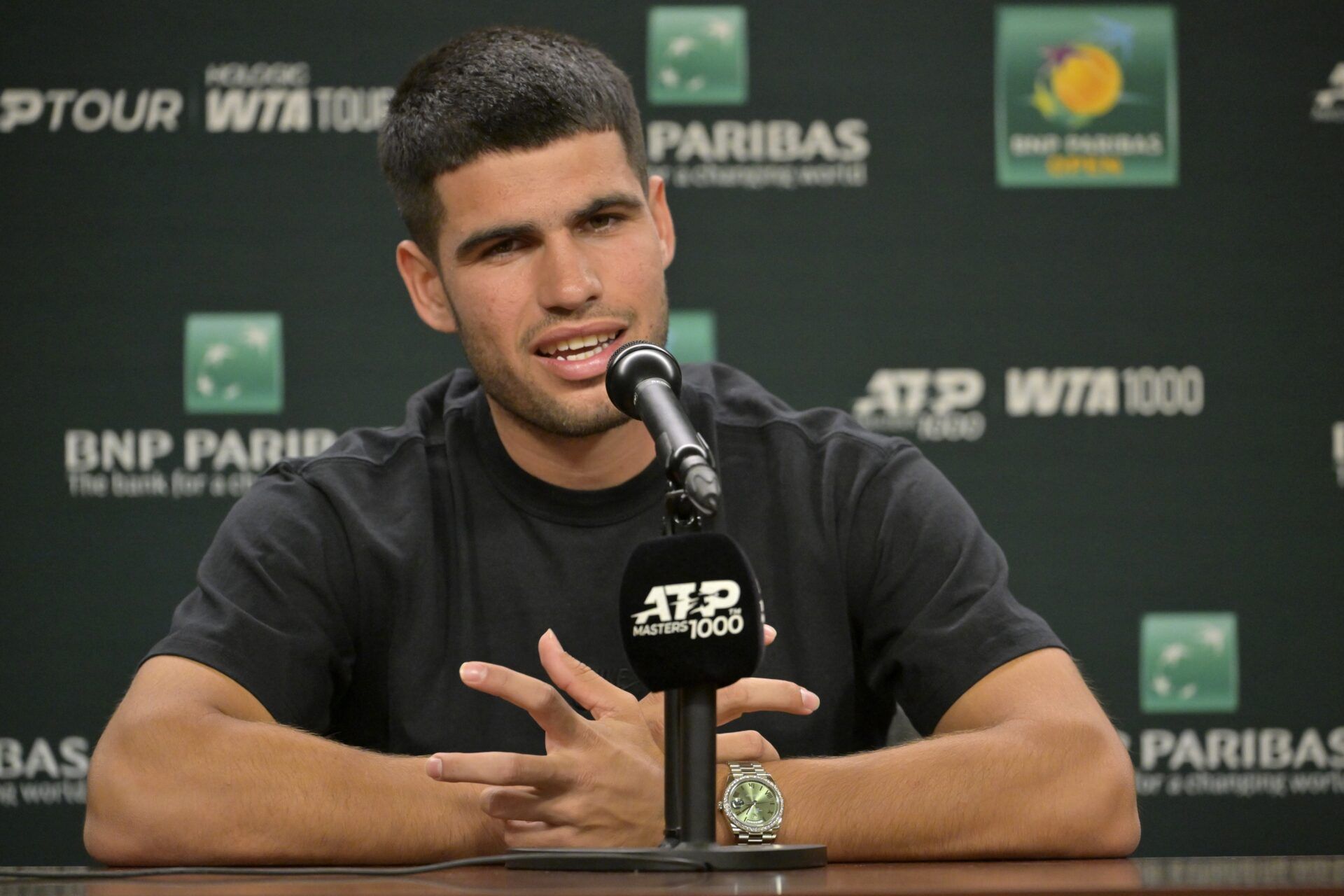 Carlos Alcaraz (ESP) talks to the media during a news conference during the BNP Paribas Open at the Indian Well Tennis Garden.