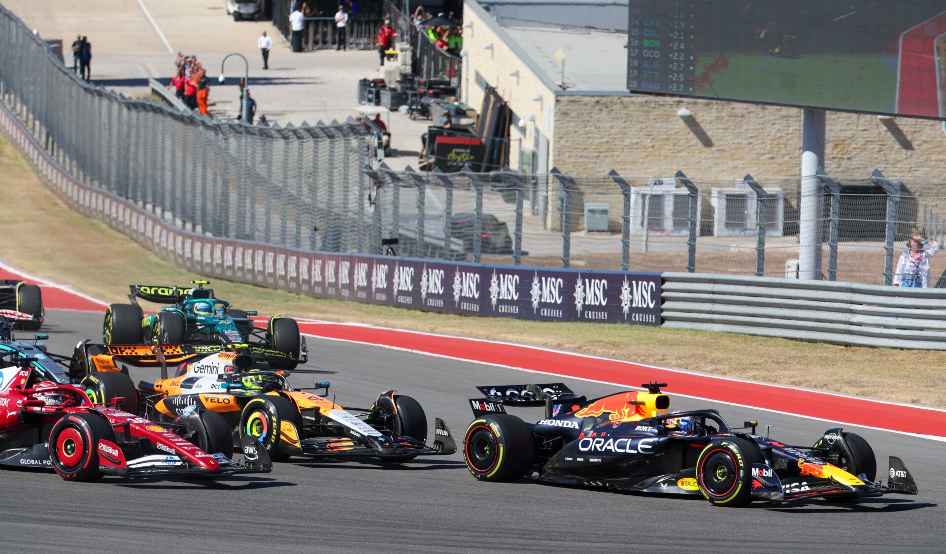 Oracle Red Bull Racing driver Max Verstappen (1) of Team Netherlands , winner, takes turn one in the first lap at Circuit of The Americas Austin.