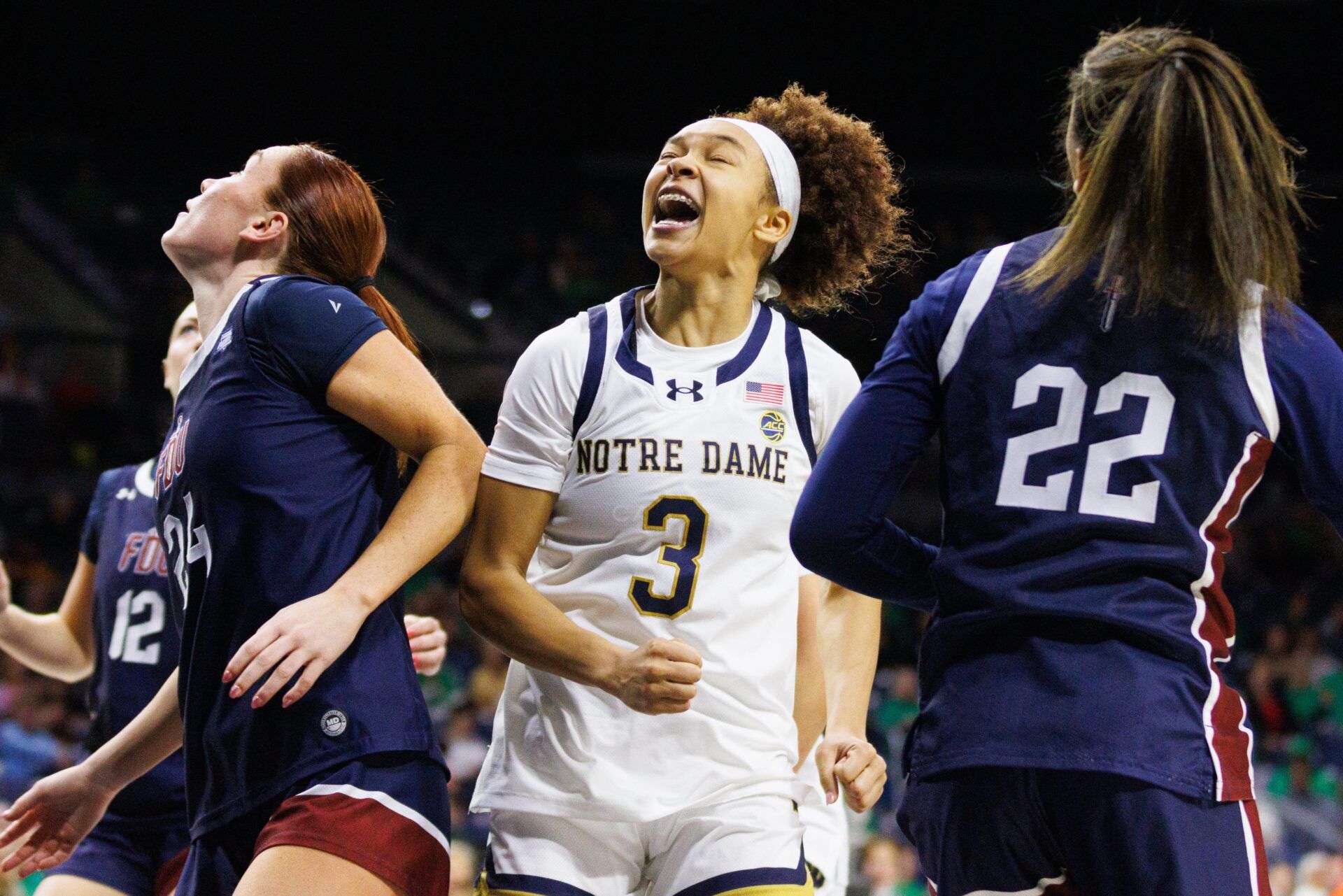 Notre Dame guard Hannah Hidalgo (3) celebrates after a basket during a NCAA women's basketball game against Fairleigh Dickinson at Purcell Pavilion on Wednesday, Nov. 5, 2025, in South Bend.