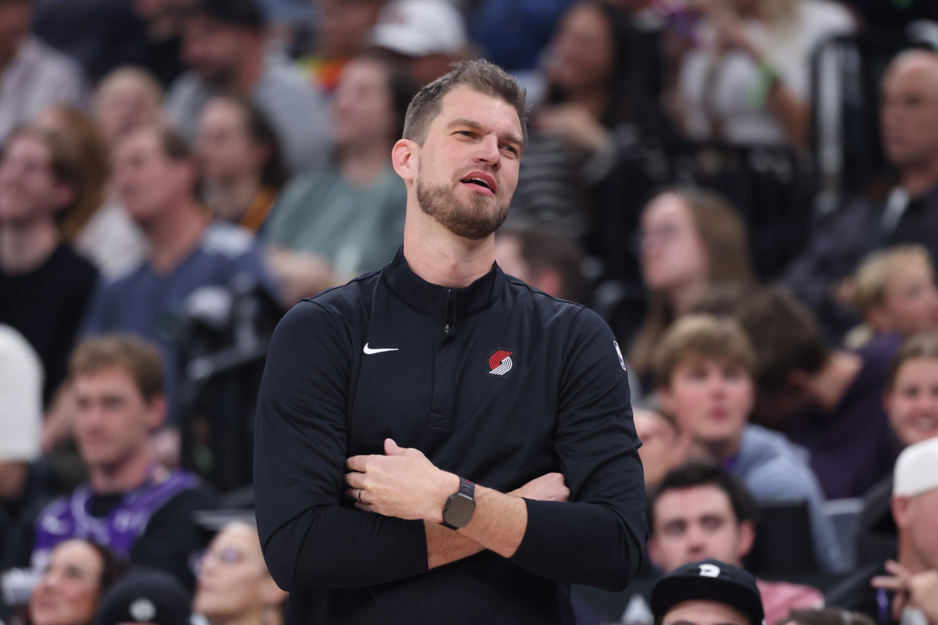 Portland Trail Blazers acting head coach Tiago Splitter reacts to a play against the Utah Jazz during the second quarter at Delta Center.