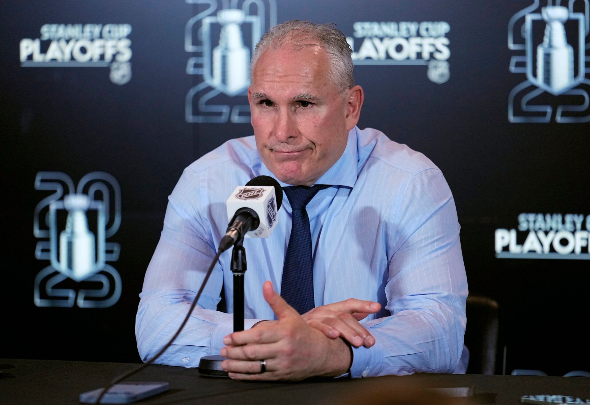 Toronto Maple Leafs head coach Craig Berube during the post game media conference after game five of the second round of the 2025 Stanley Cup Playoffs against the Florida Panthers at Scotiabank Arena.